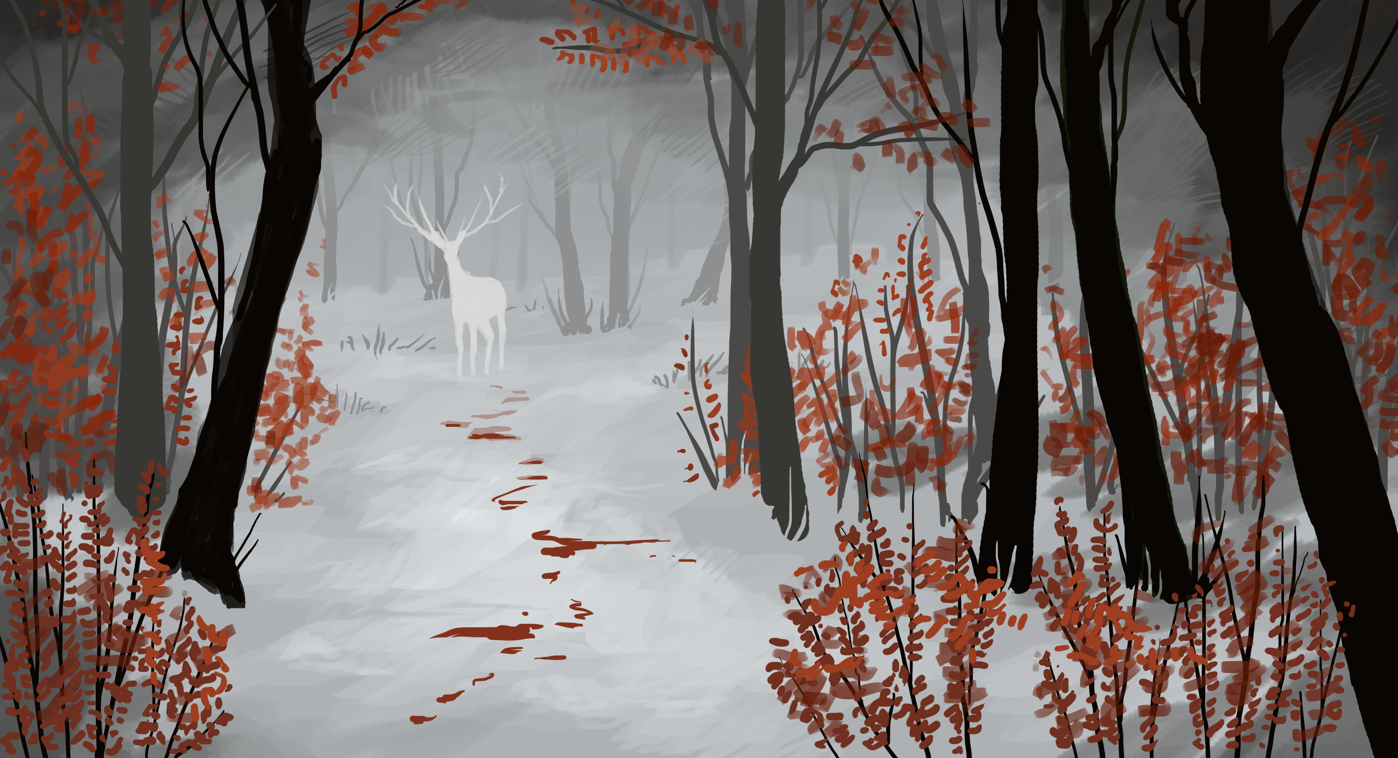White deer in a snowy forest with red leaves HD Wallpaper