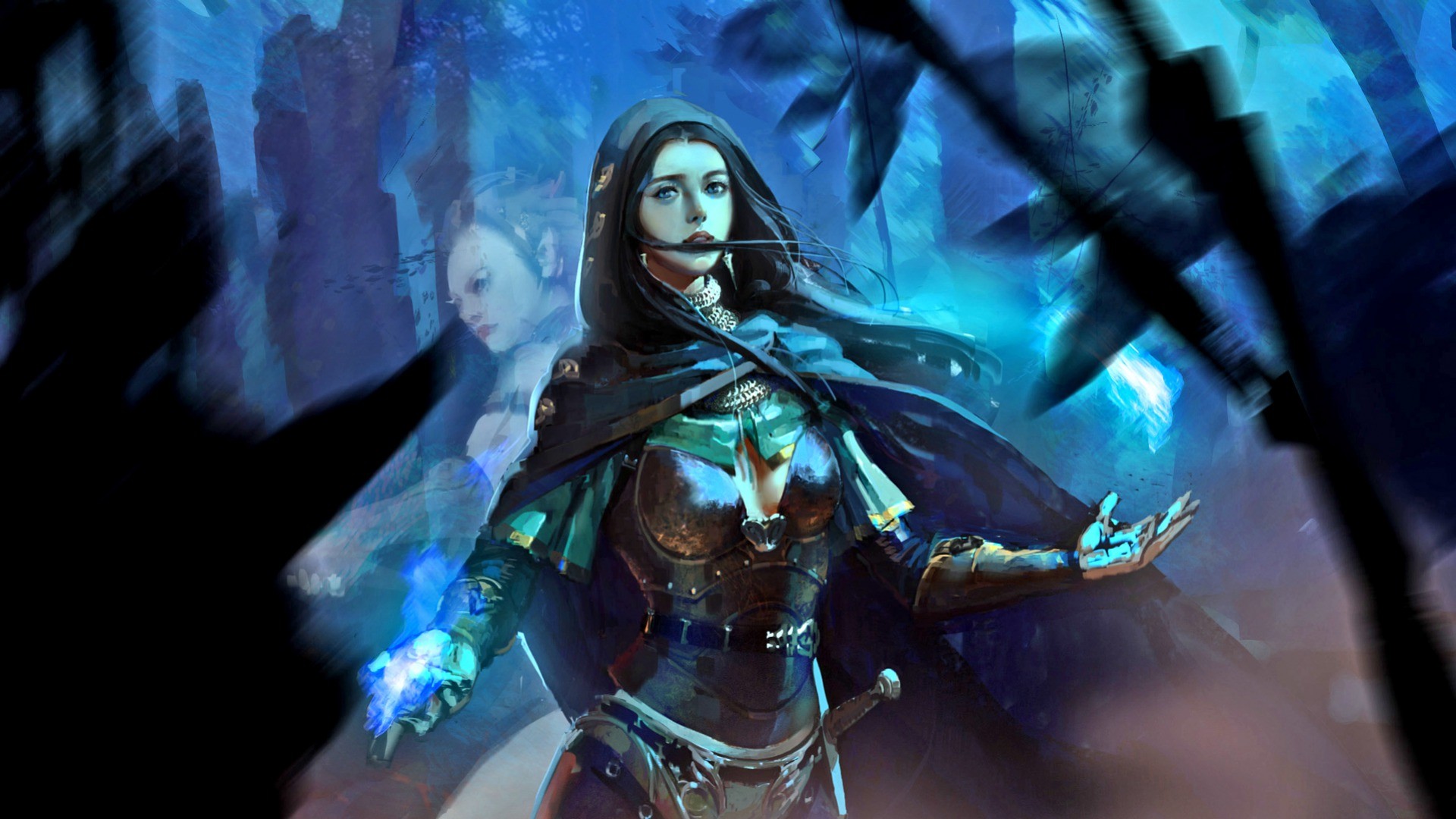 Fantasy art of a hooded warrior woman with magic HD Wallpaper