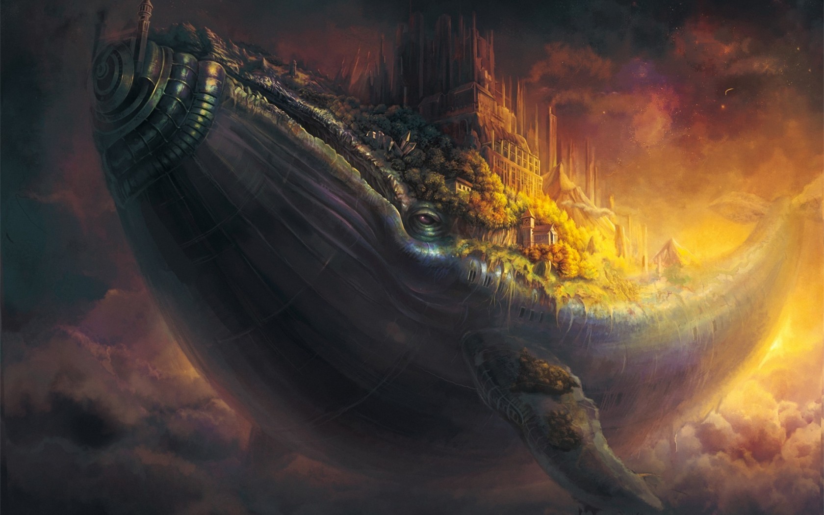Fantasy art of a whale with a city on its back HD Wallpaper