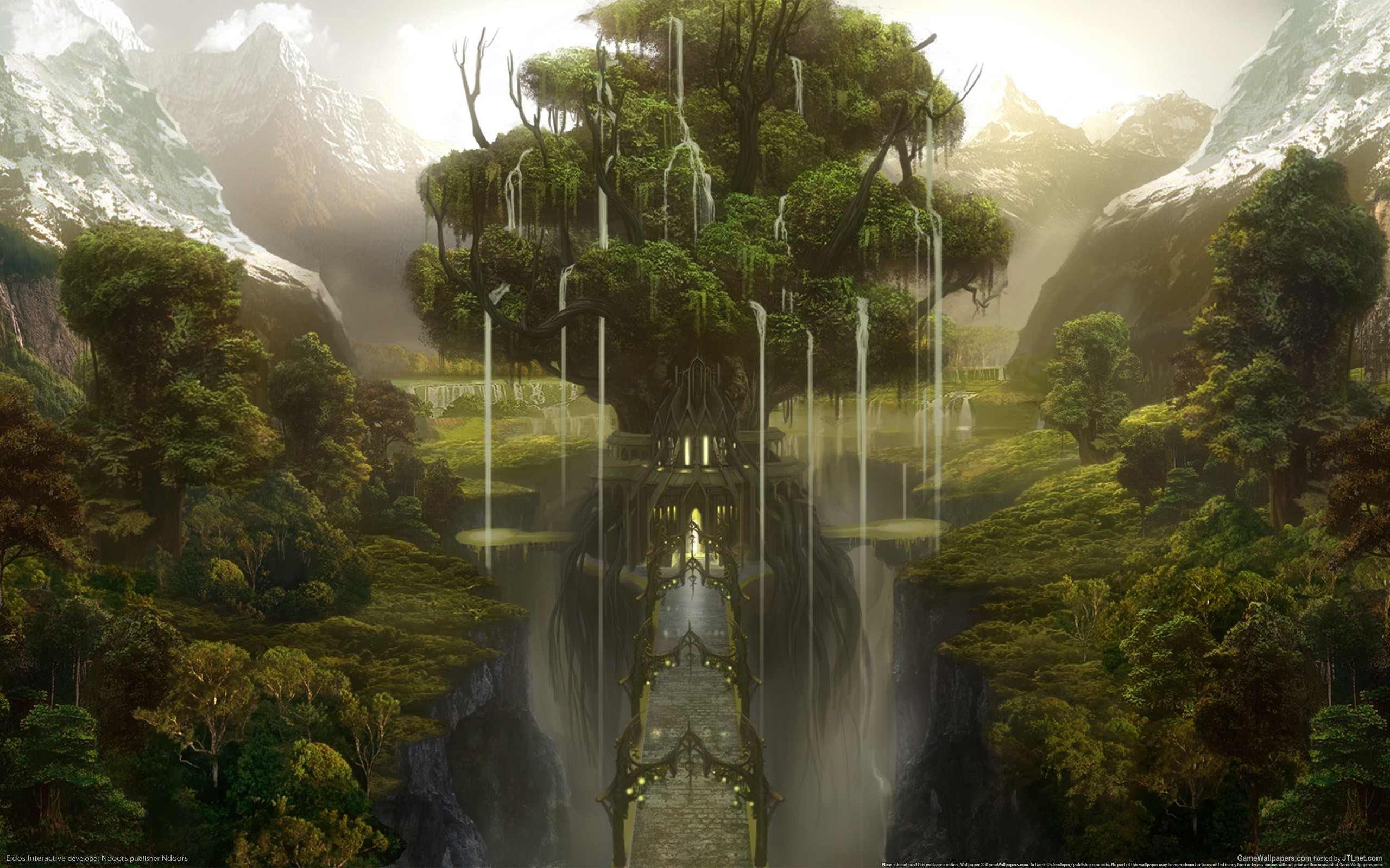Fantasy landscape with a giant tree and waterfalls HD Wallpaper