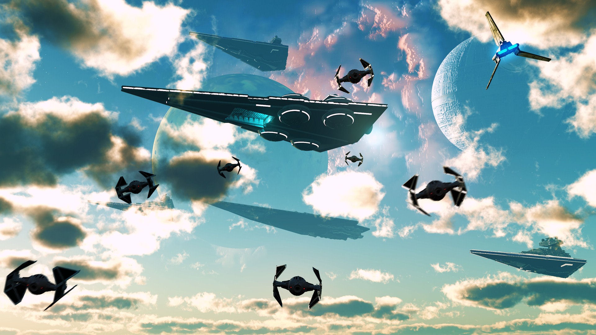 Star Wars fleet with Star Destroyers and TIE fighters HD Wallpaper