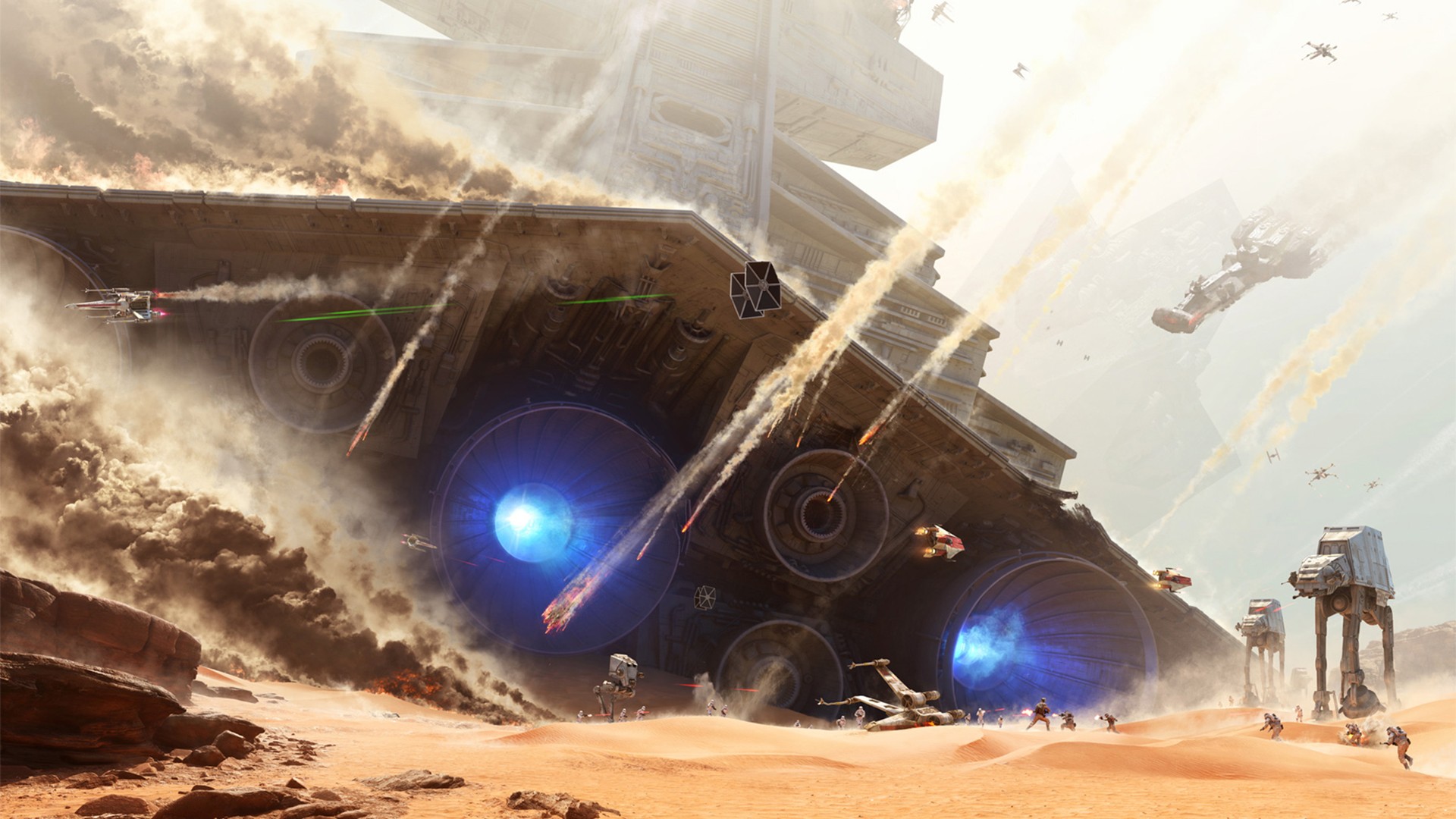 Star Wars battle scene with Star Destroyer and AT-ATs HD Wallpaper