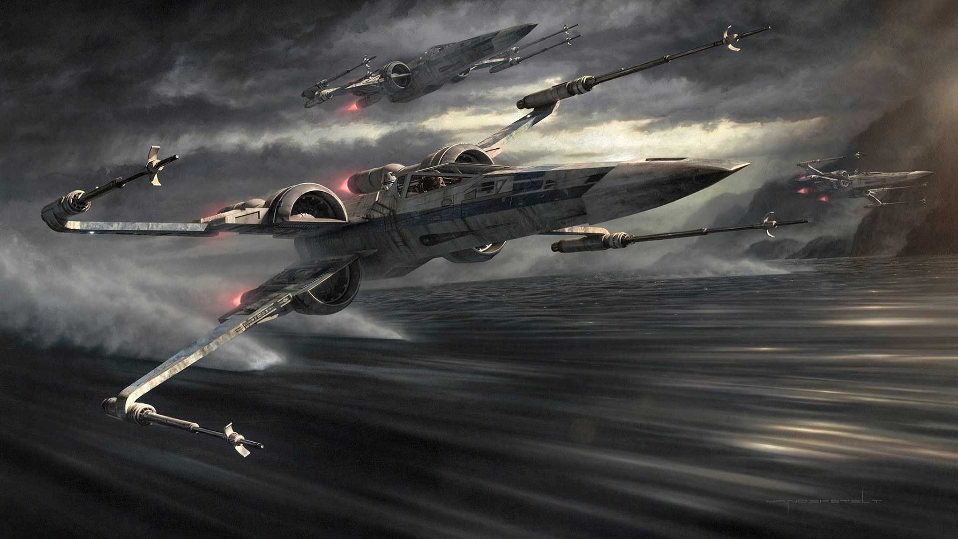 Star Wars X-wing fighters flying over water HD Wallpaper