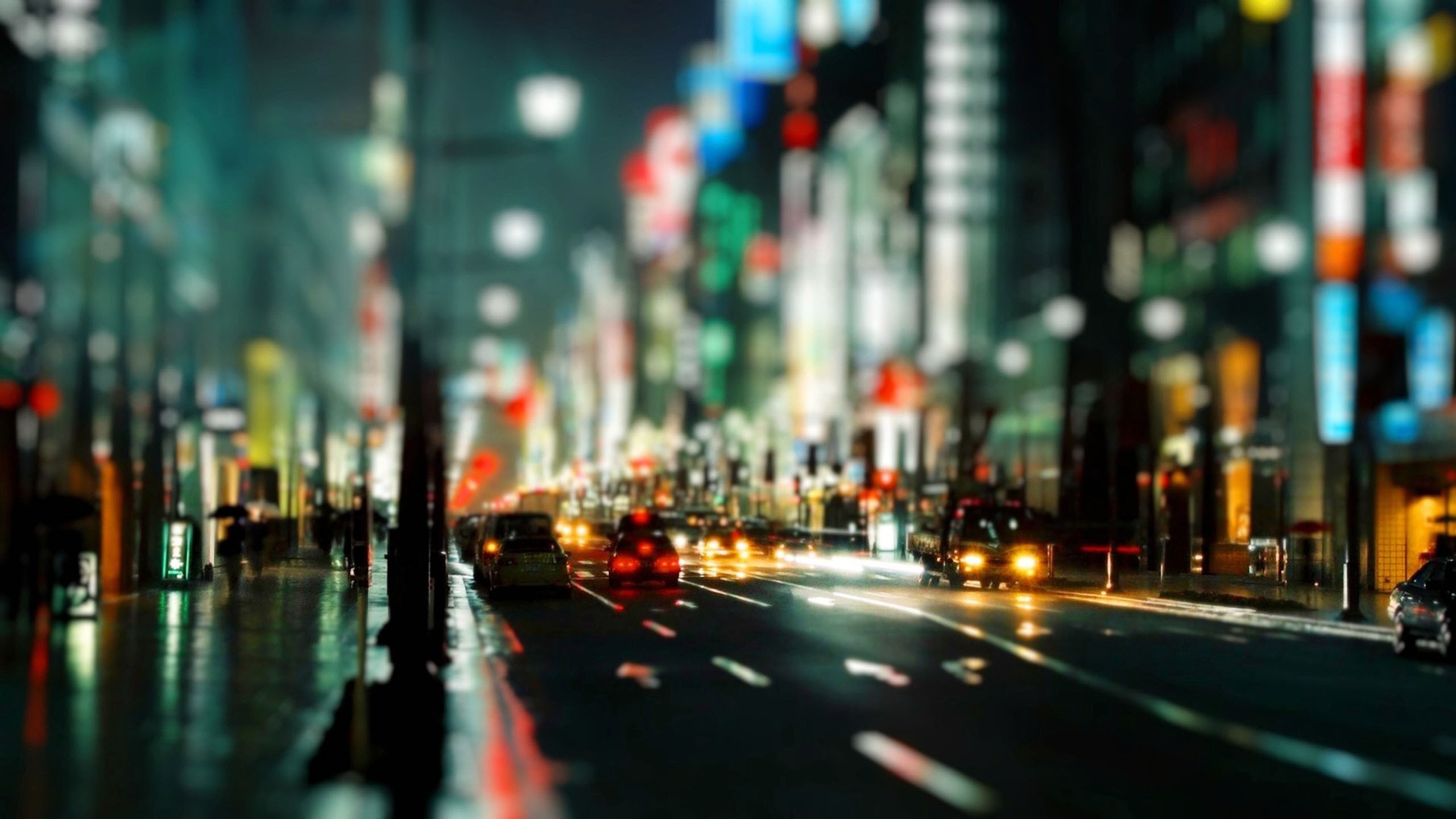 City street at night with cars and neon lights HD Wallpaper