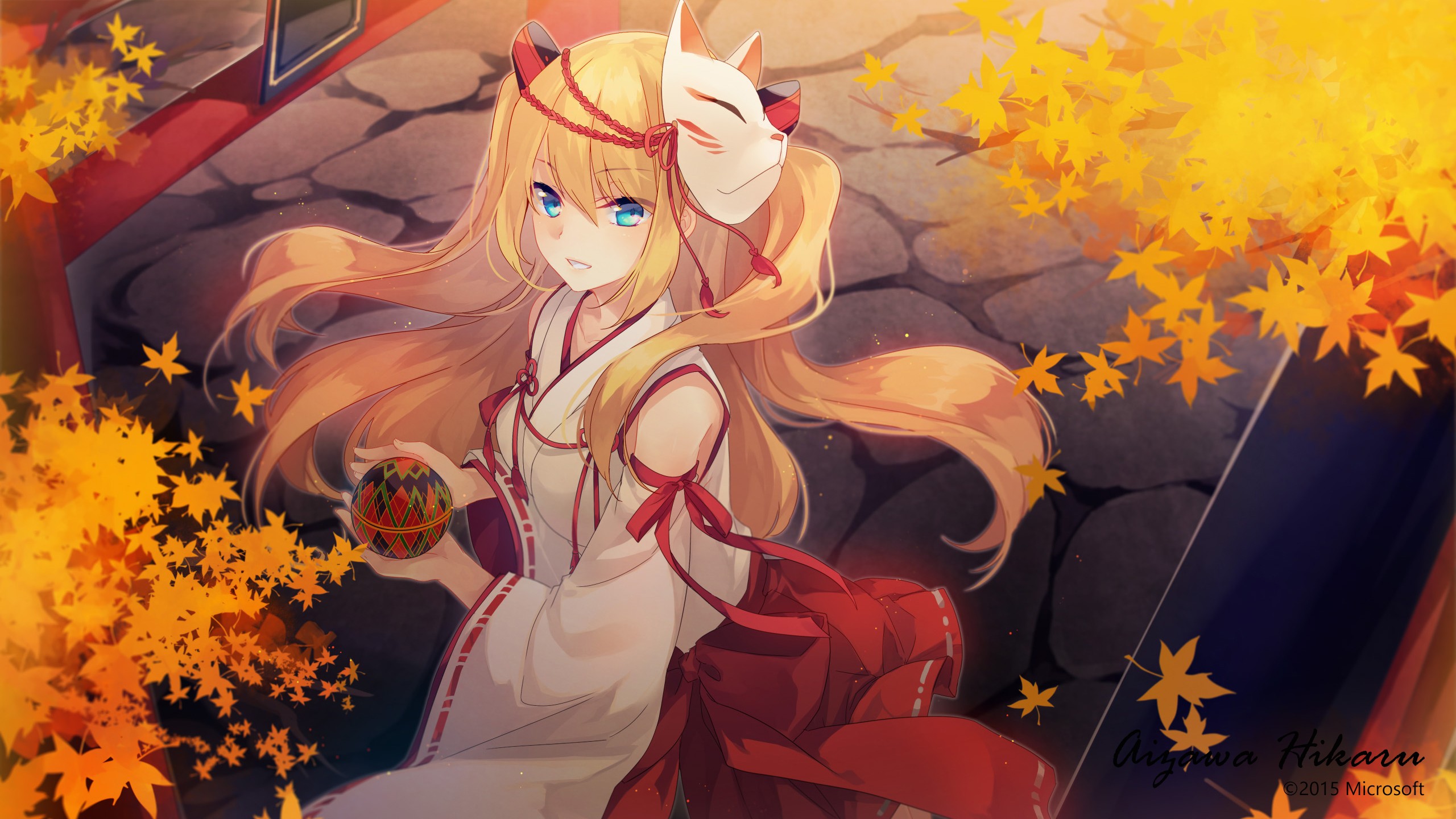 Miko with a Kitsune Mask and a Ball HD Wallpaper