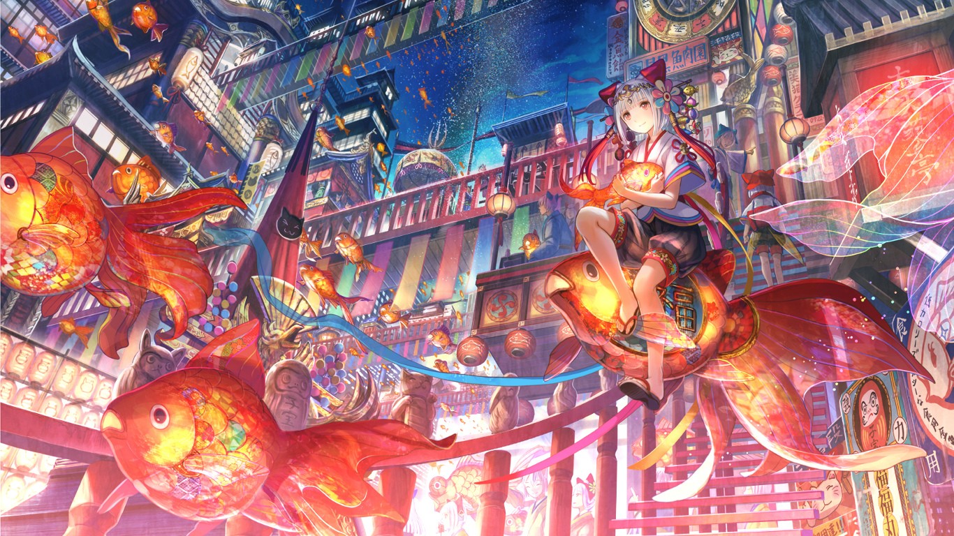 Fuji Choko's Anime Girl with Goldfish in Oriental City HD Wallpaper
