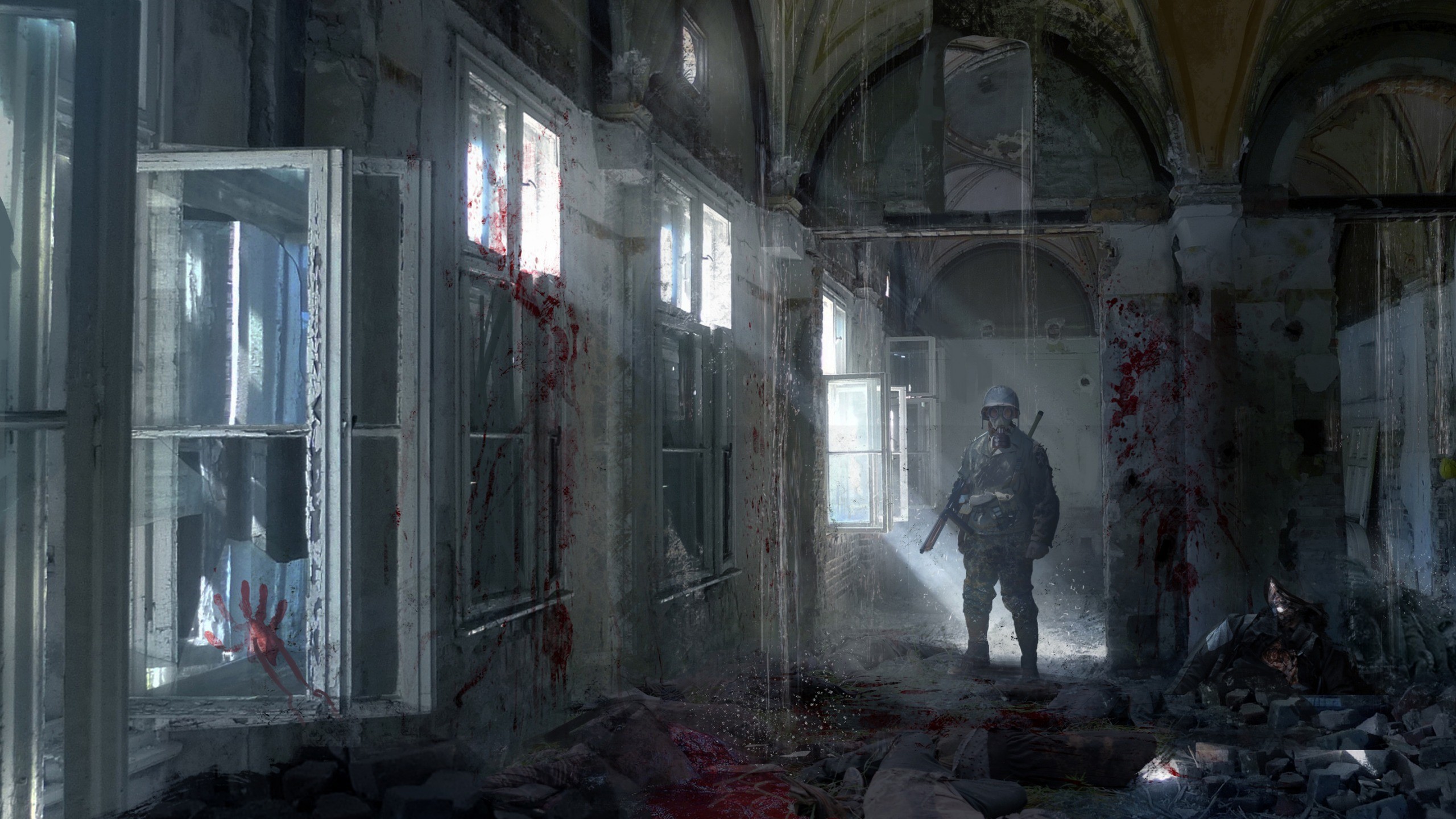 Soldier in a destroyed building with bloodstains HD Wallpaper