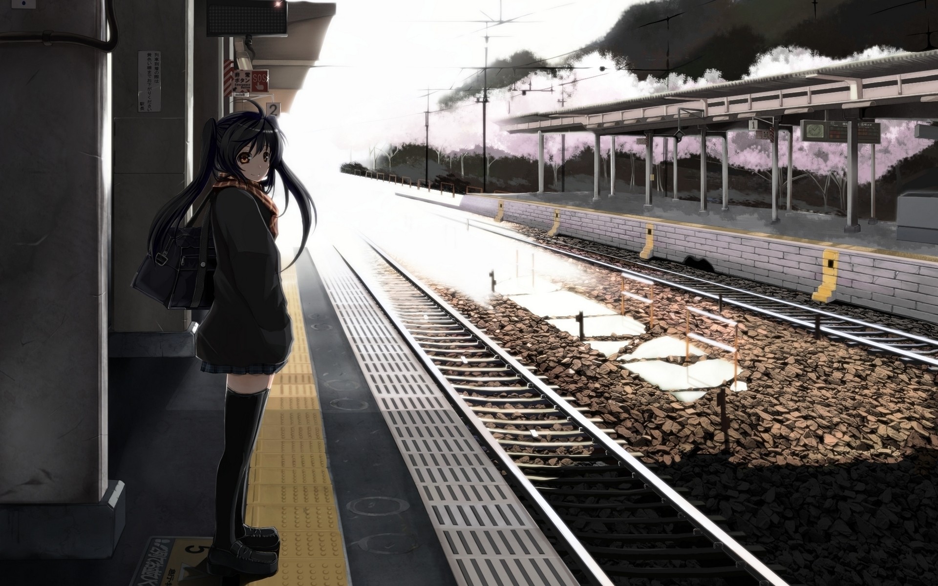 Anime girl waiting at a train station HD Wallpaper
