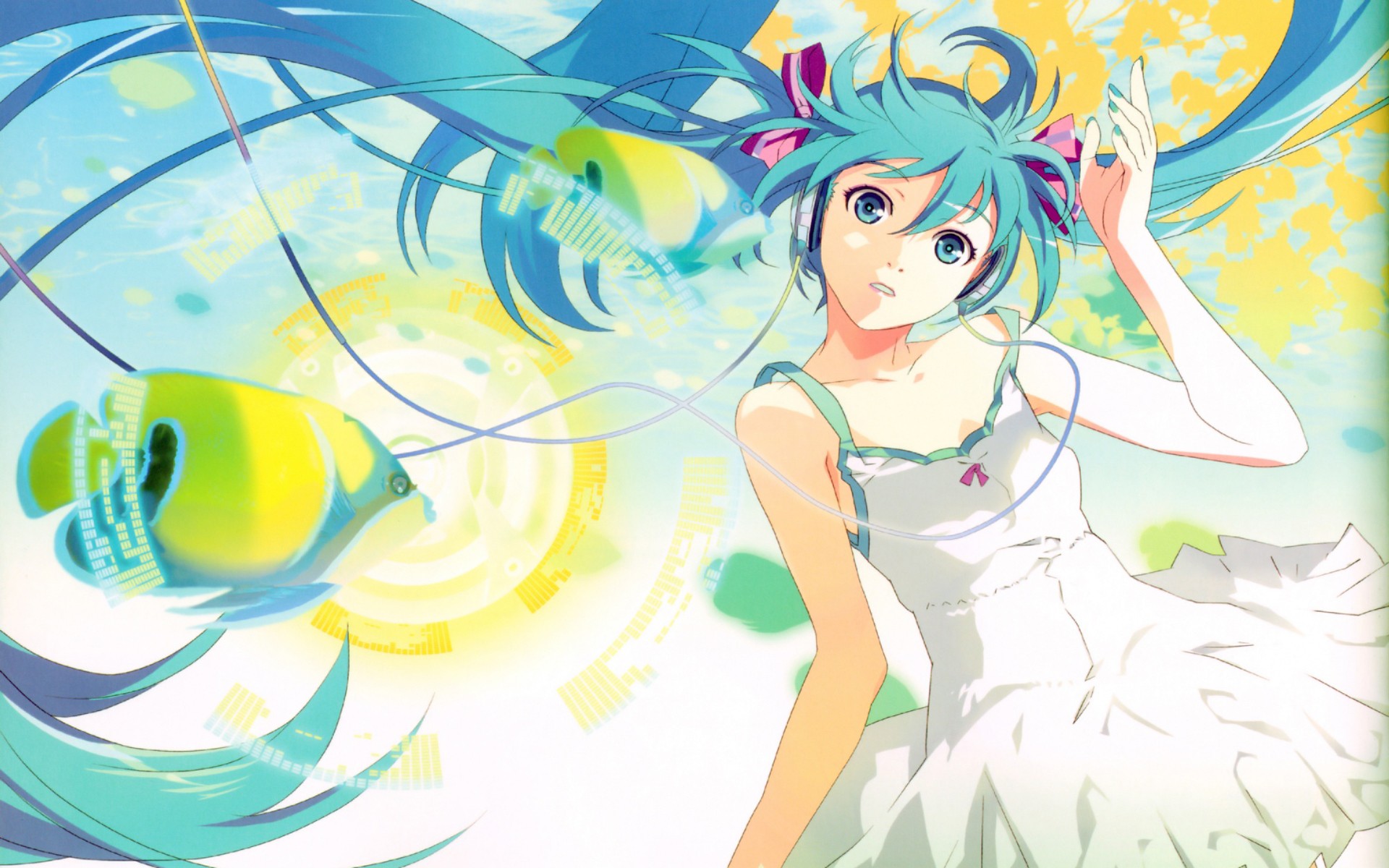 Hatsune Miku with a yellow fish and headphones HD Wallpaper