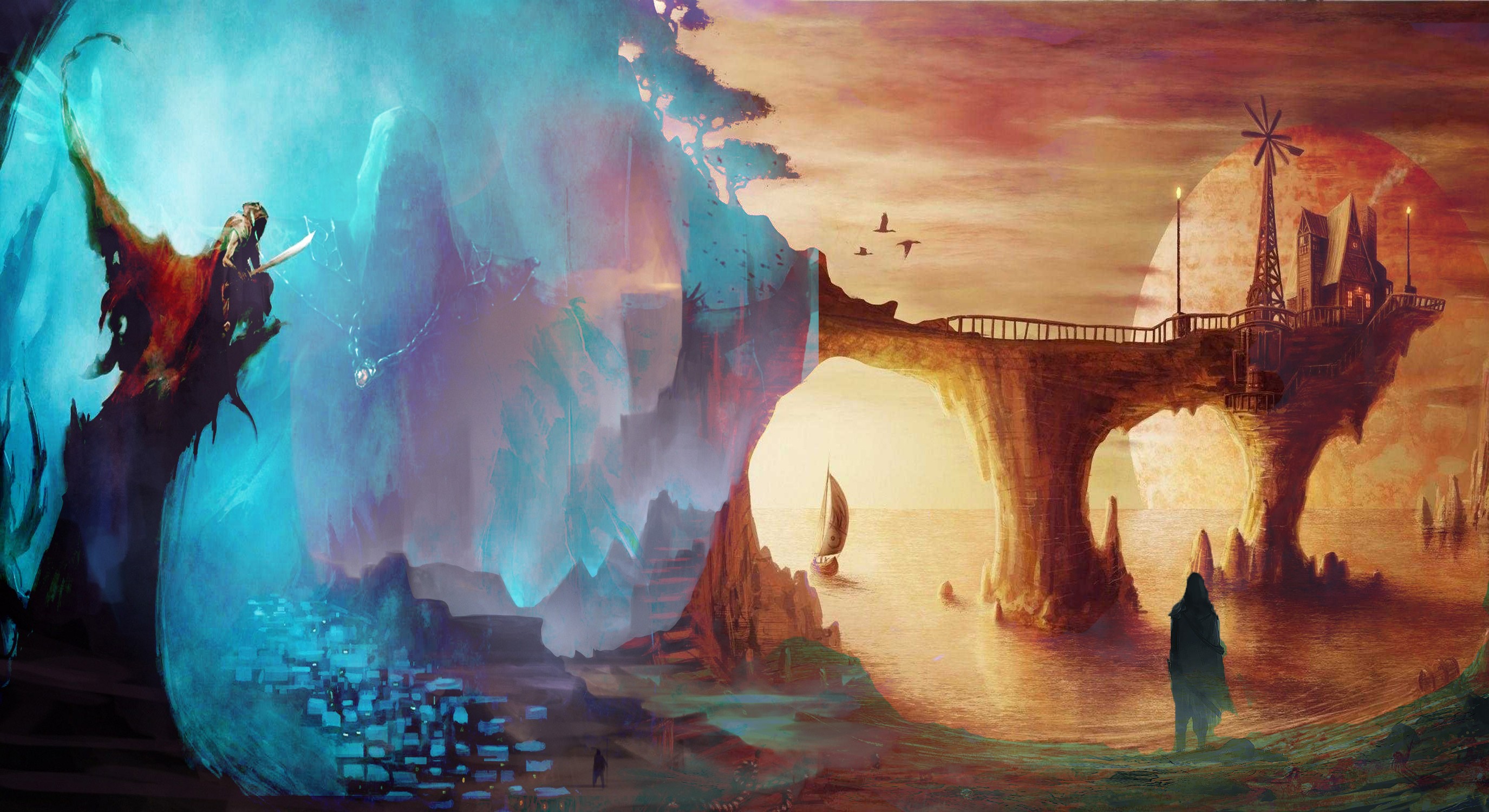 Hero on a dragon facing a mystical portal HD Wallpaper