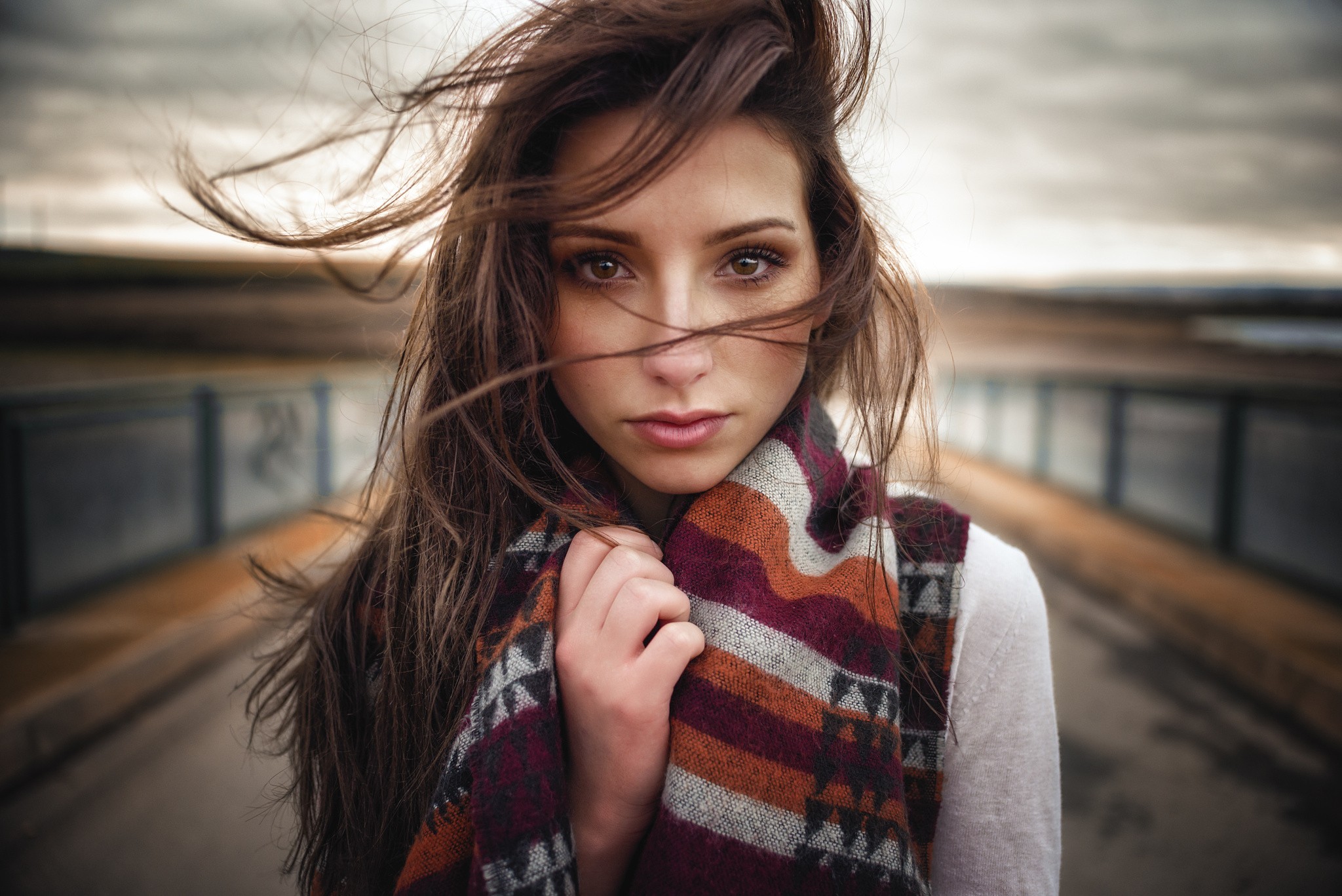 Woman with long brown hair and scarf HD Wallpaper
