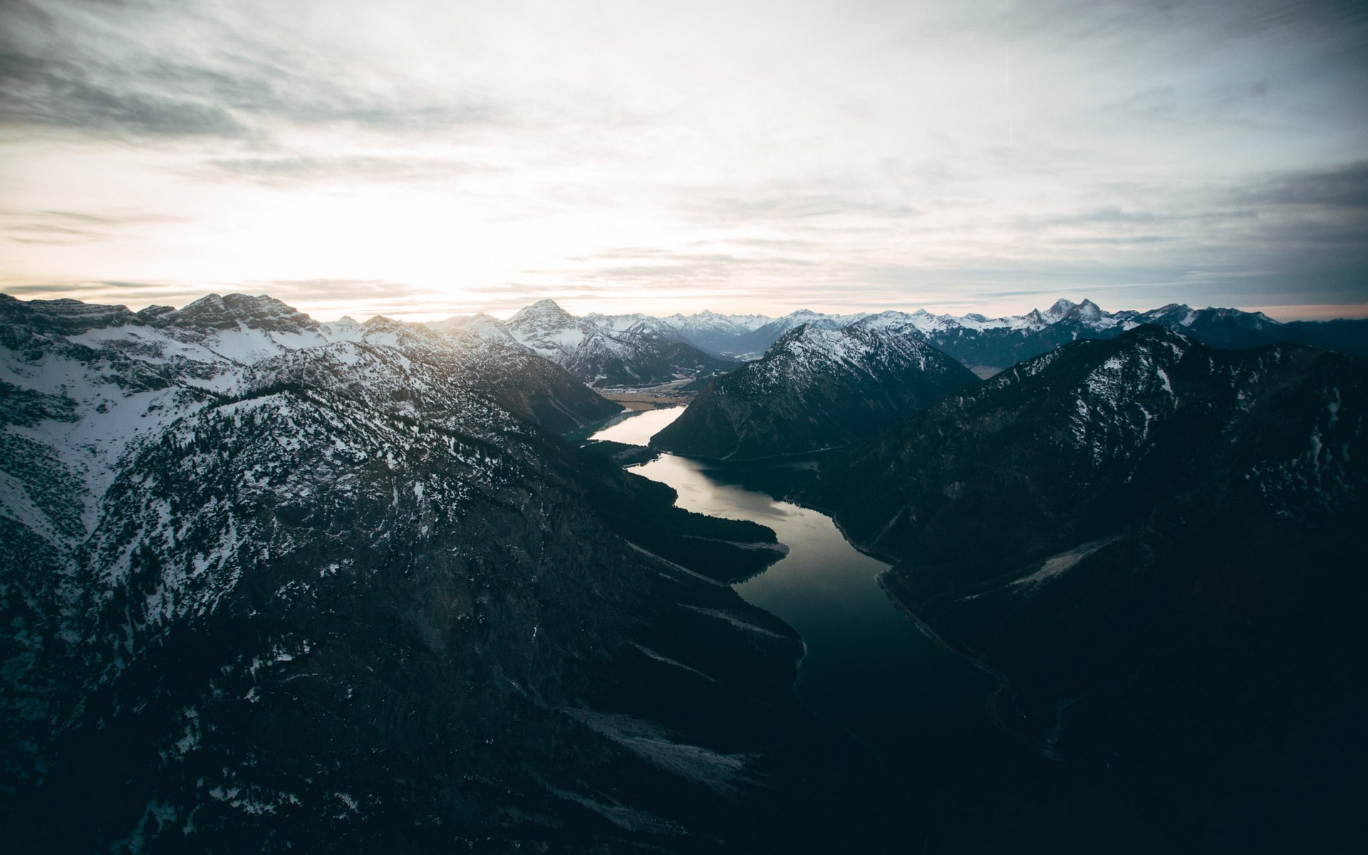 Snowy Alps Mountains and Lake at Sunset HD Wallpaper