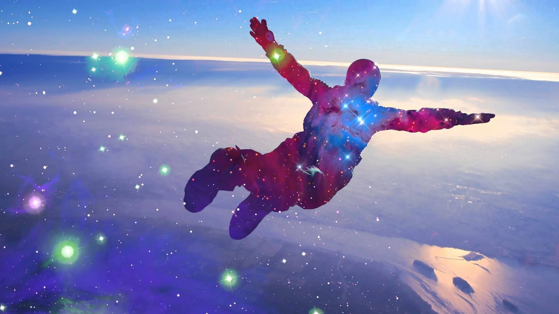 Skydiver with galaxy nebula pattern falling through the sky HD Wallpaper