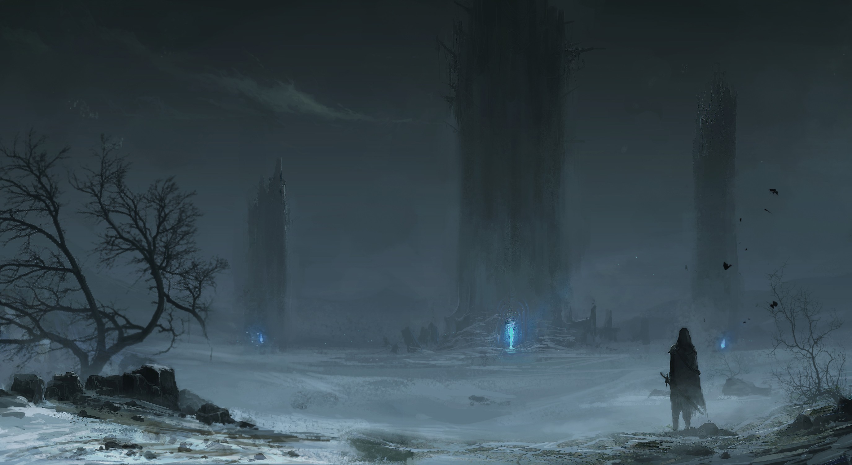 Fantasy art of a desolate, snowy landscape with tall towers HD Wallpaper