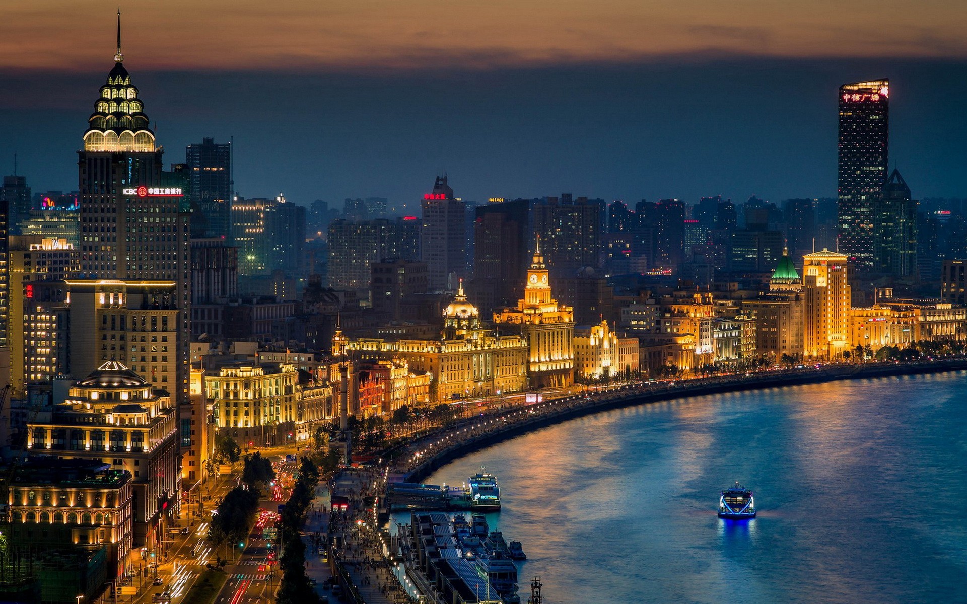 Shanghai skyline at night with the Bund waterfront HD Wallpaper