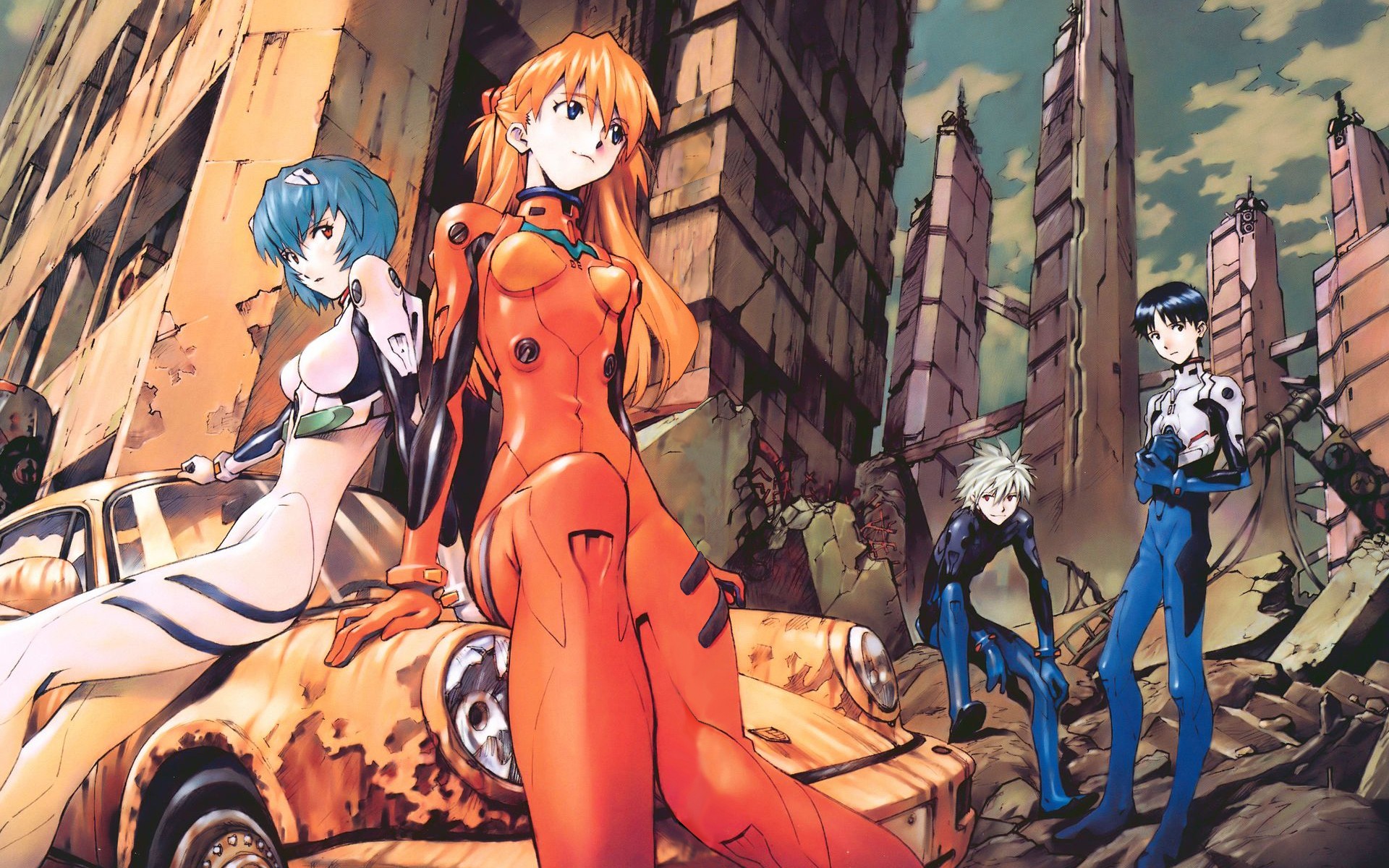 Neon Genesis Evangelion characters in a ruined city HD Wallpaper