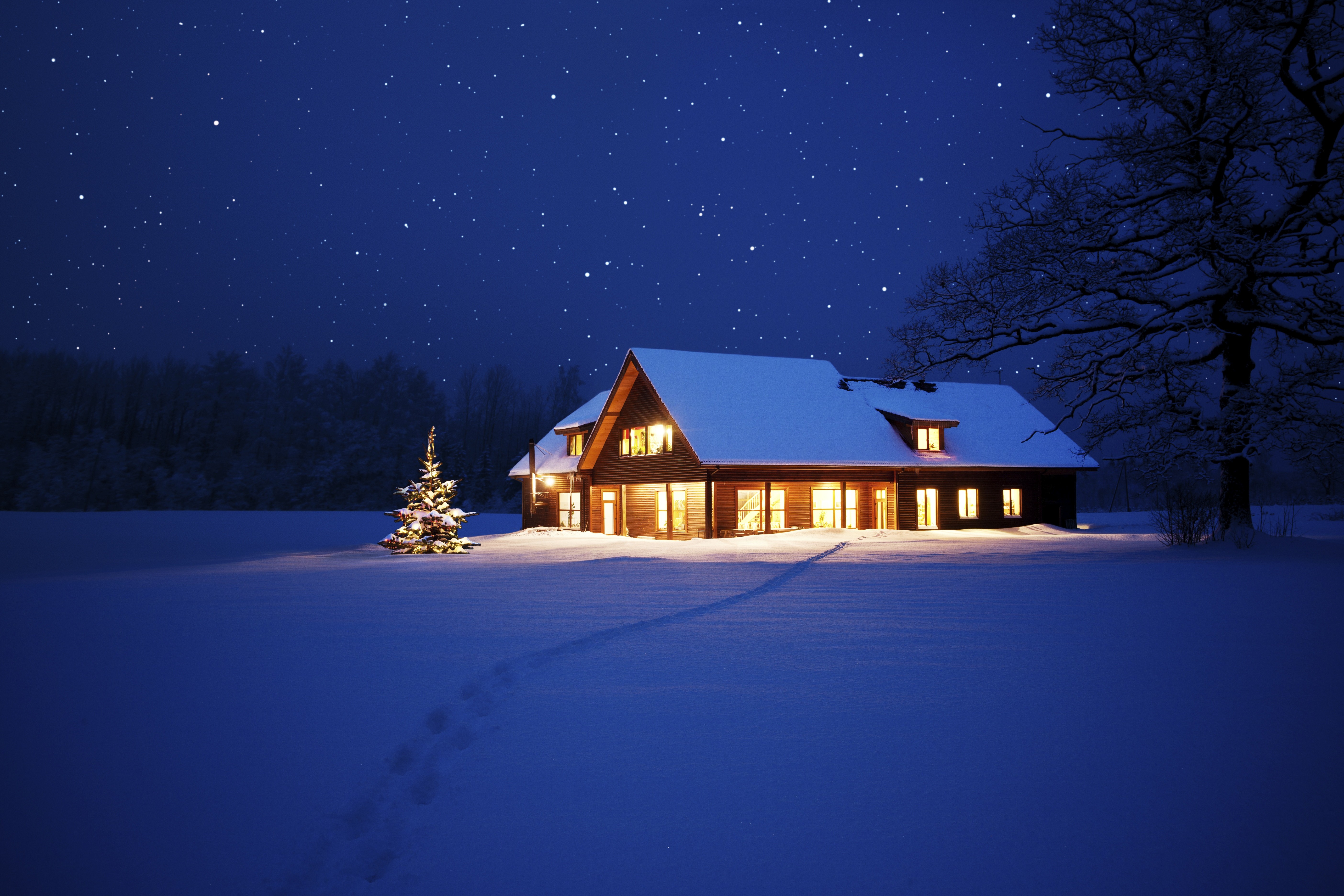 Snowy house under starry night sky HD Wallpaper