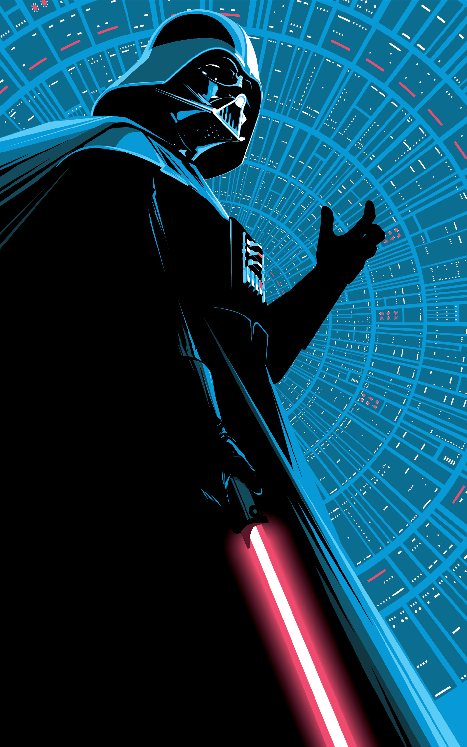 Darth Vader with red lightsaber against a blue background HD Wallpaper