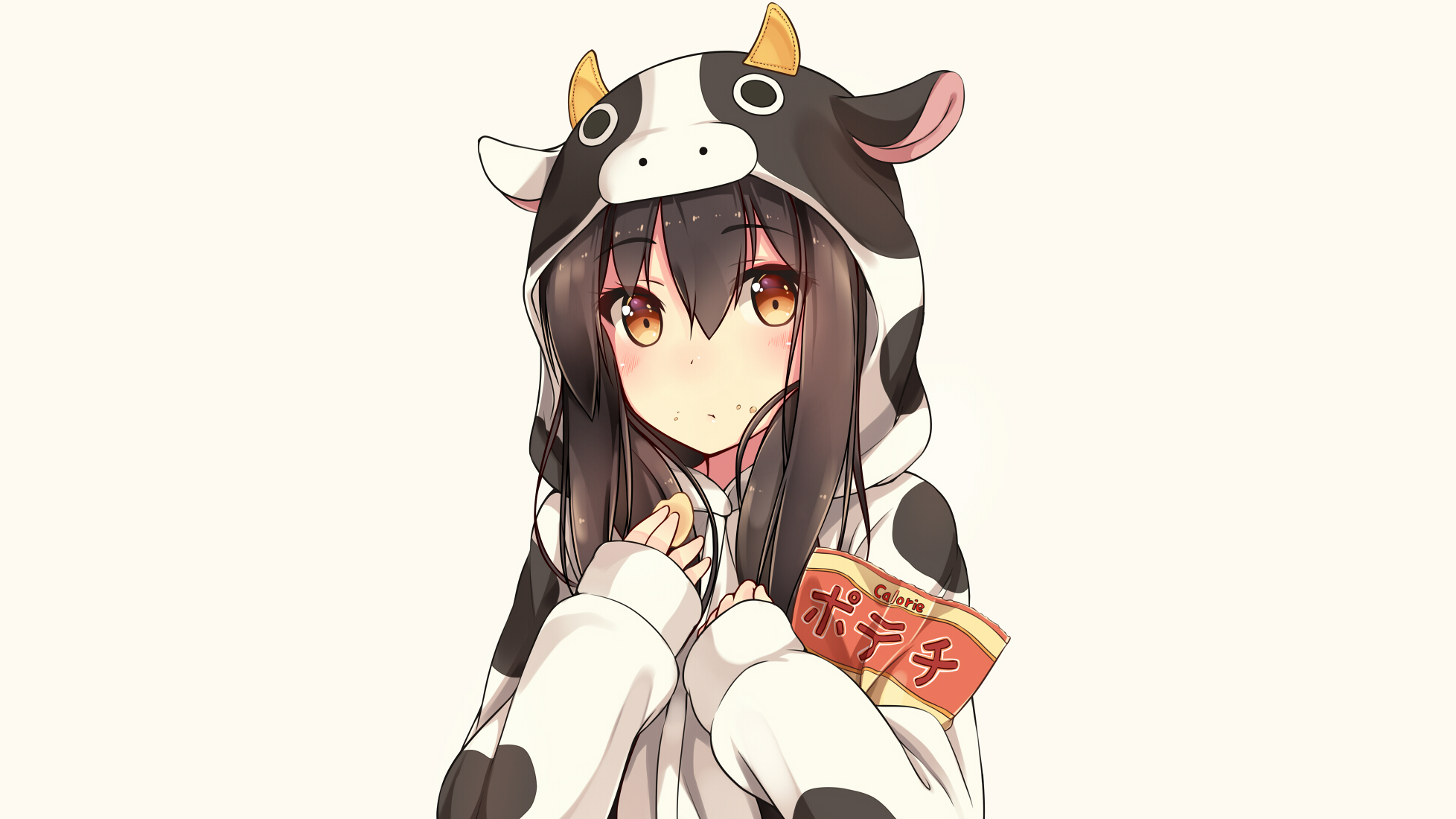 Anime girl in cow pajamas eating chips HD Wallpaper