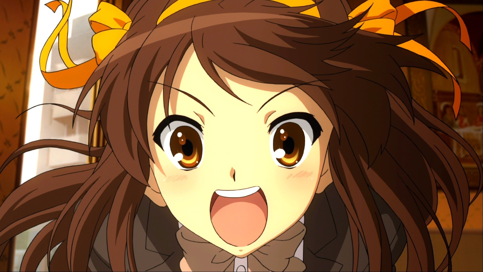 Haruhi Suzumiya with brown hair and yellow ribbons HD Wallpaper