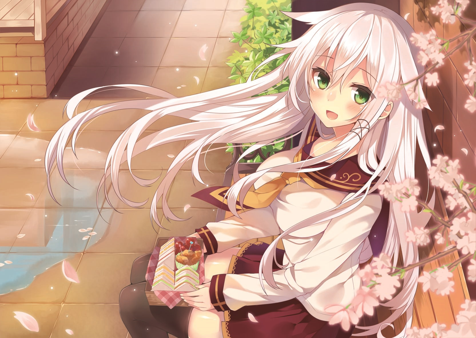 Anceril Sacred girl with cherry blossoms and lunch HD Wallpaper