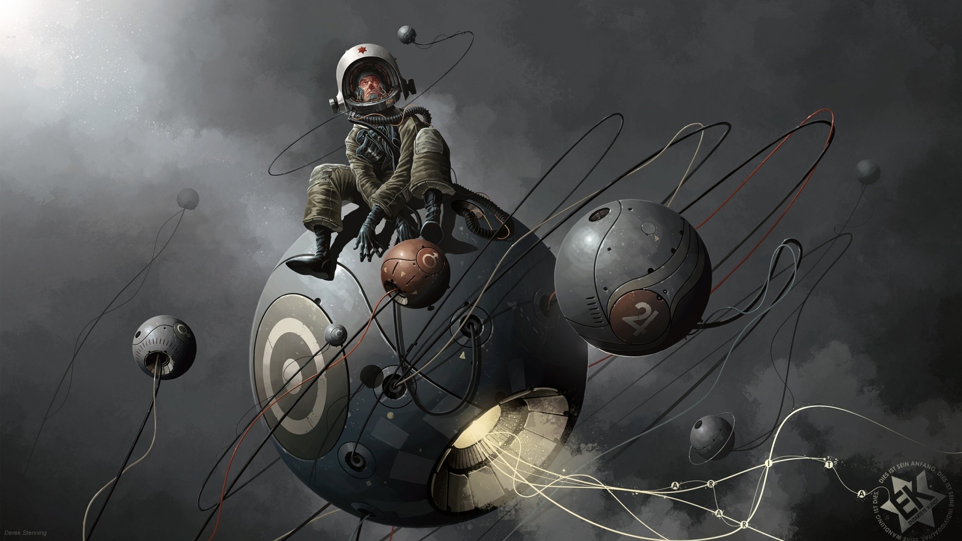 men, sphere, Derek Stenning, space, sitting, fantasy art, planet, astronaut, ball, helmet, universe, digital art, spacesuit, wires HD Wallpaper