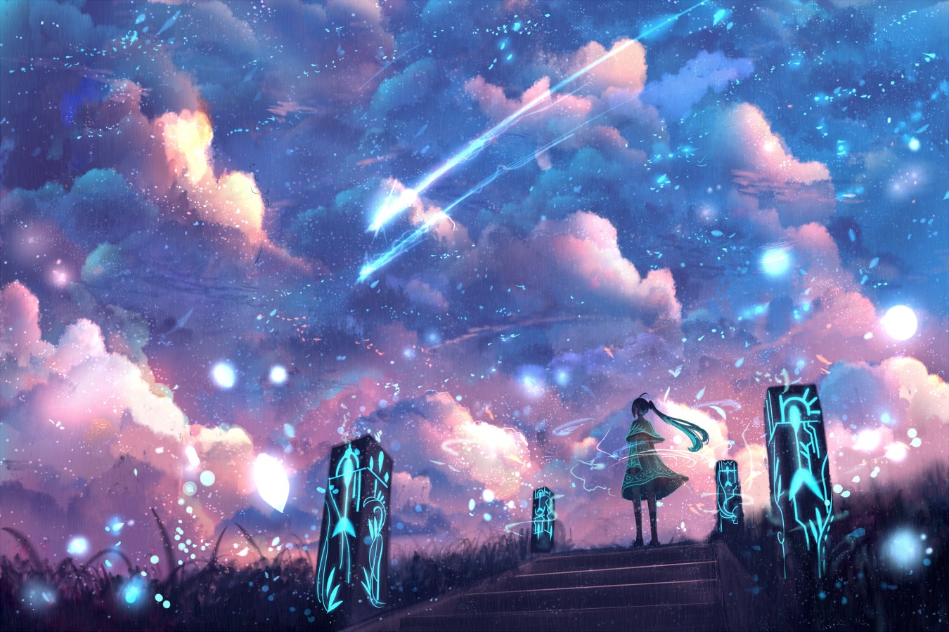 Hatsune Miku standing on stairs under a starry sky HD Wallpaper