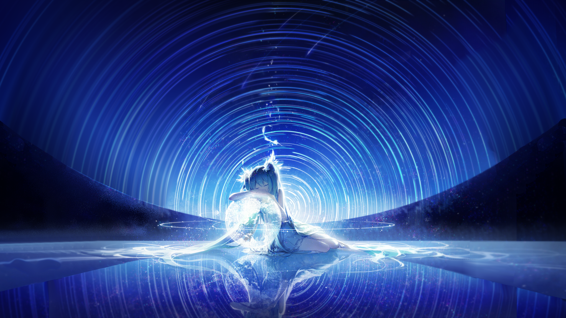 Hatsune Miku holding a glowing orb in a starry tunnel HD Wallpaper