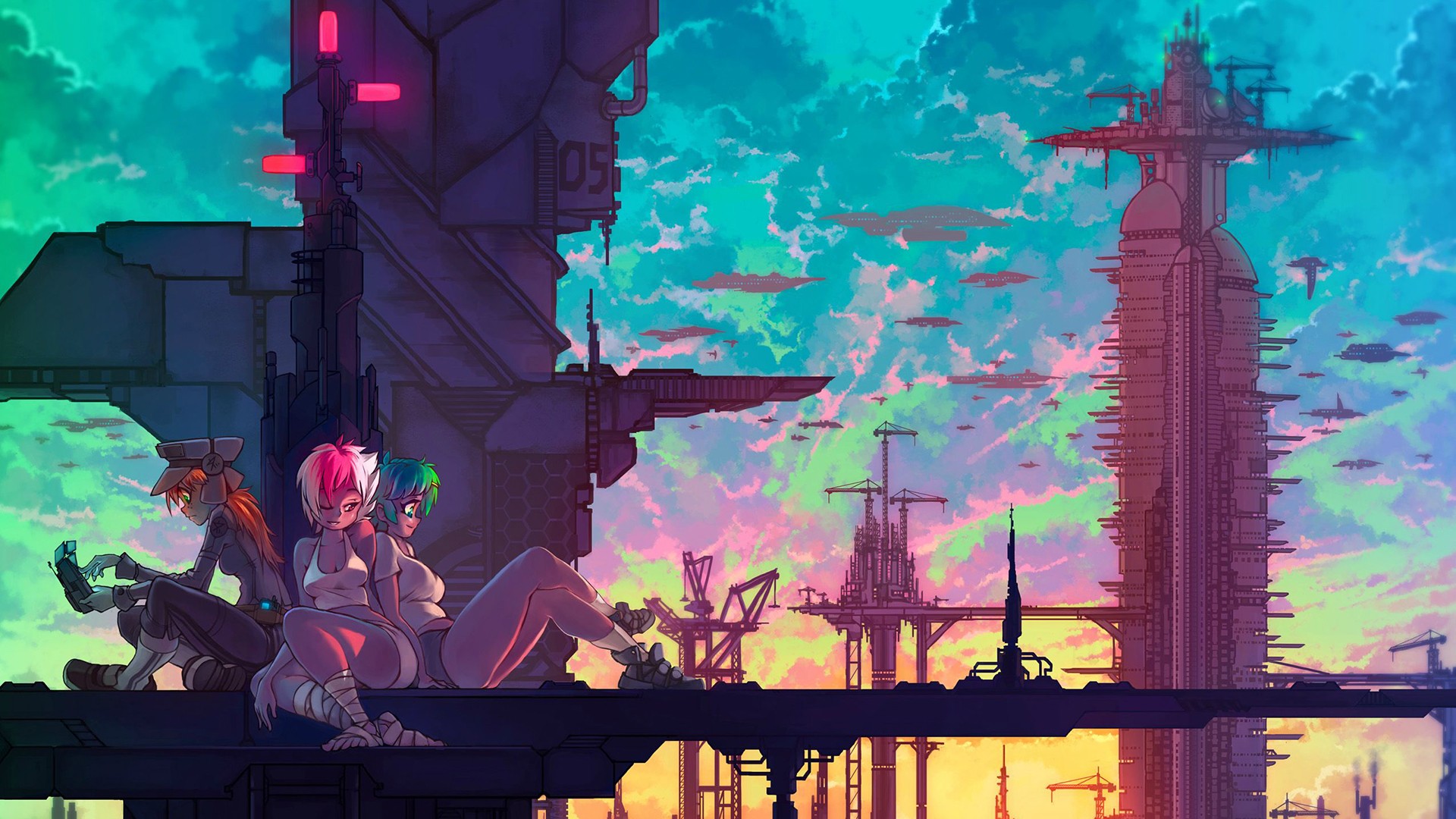 Anime characters in a futuristic city at sunset HD Wallpaper