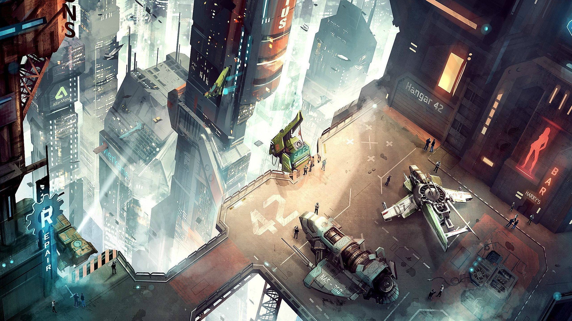 Star Citizen Hangar 42 with spaceships and futuristic city HD Wallpaper