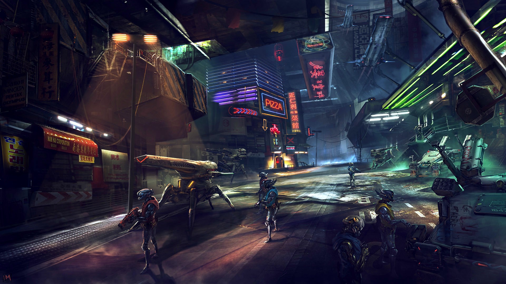 Robots and aliens in a futuristic city street HD Wallpaper