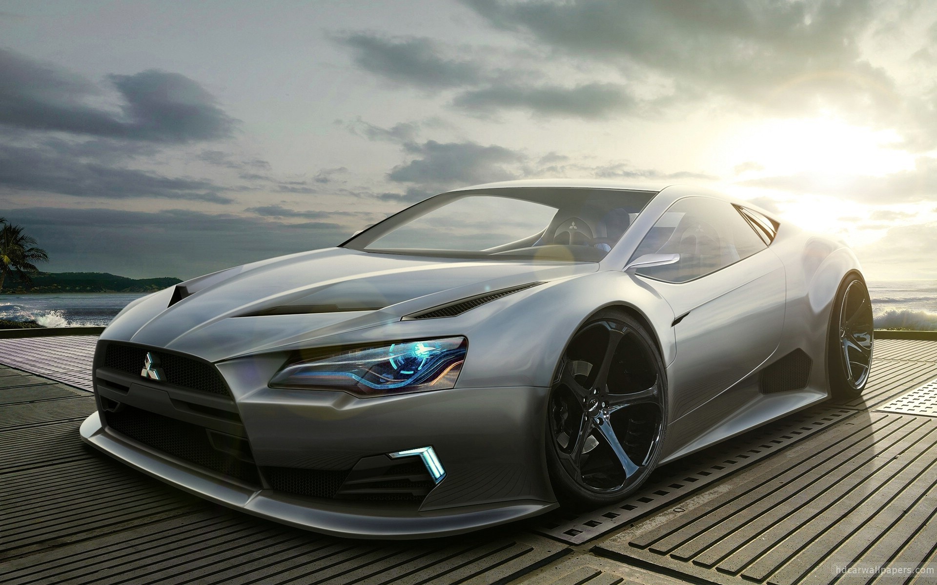 Silver Mitsubishi Concept Car on a Boardwalk HD Wallpaper