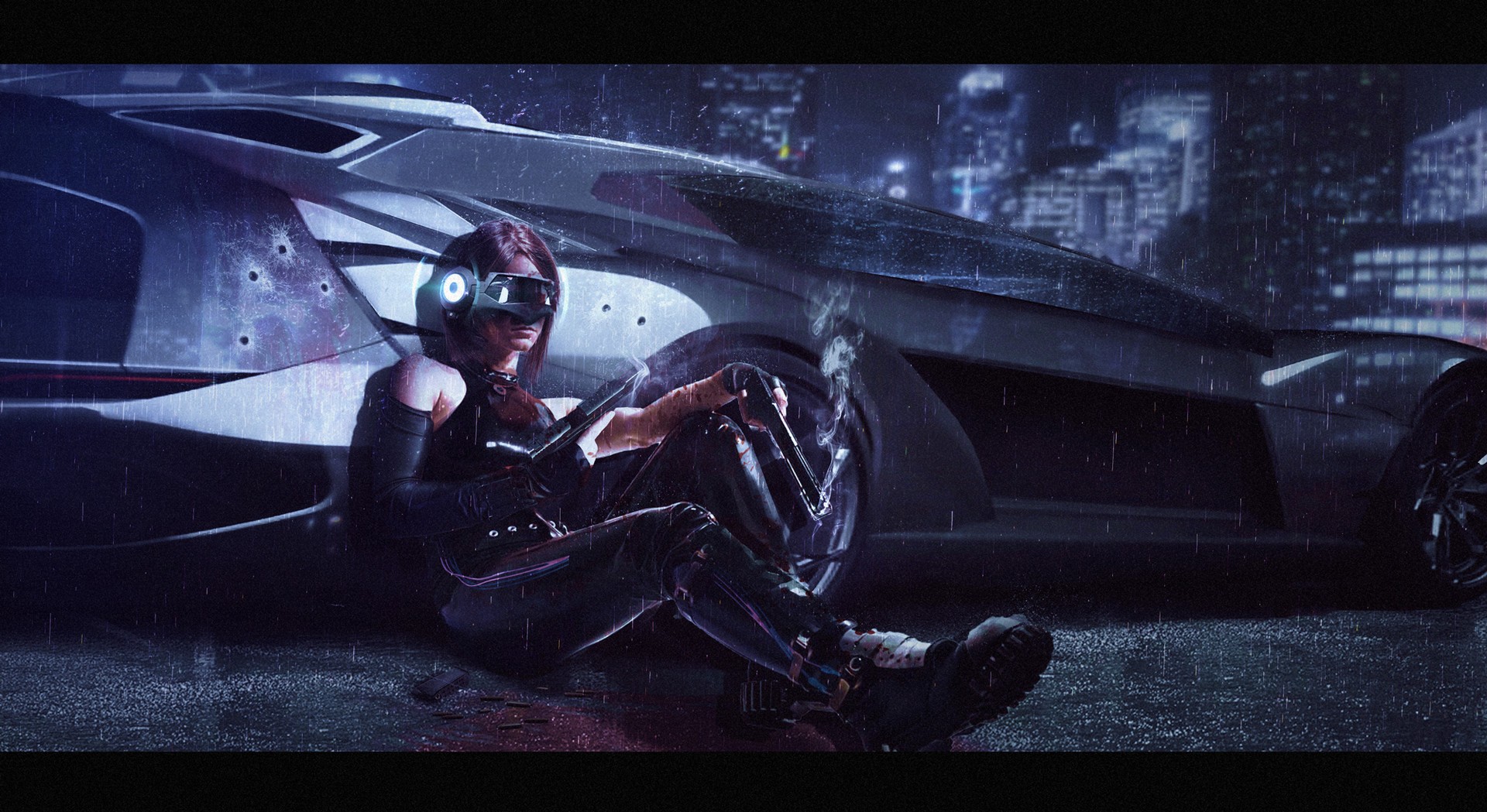 Woman with futuristic car in the rain HD Wallpaper