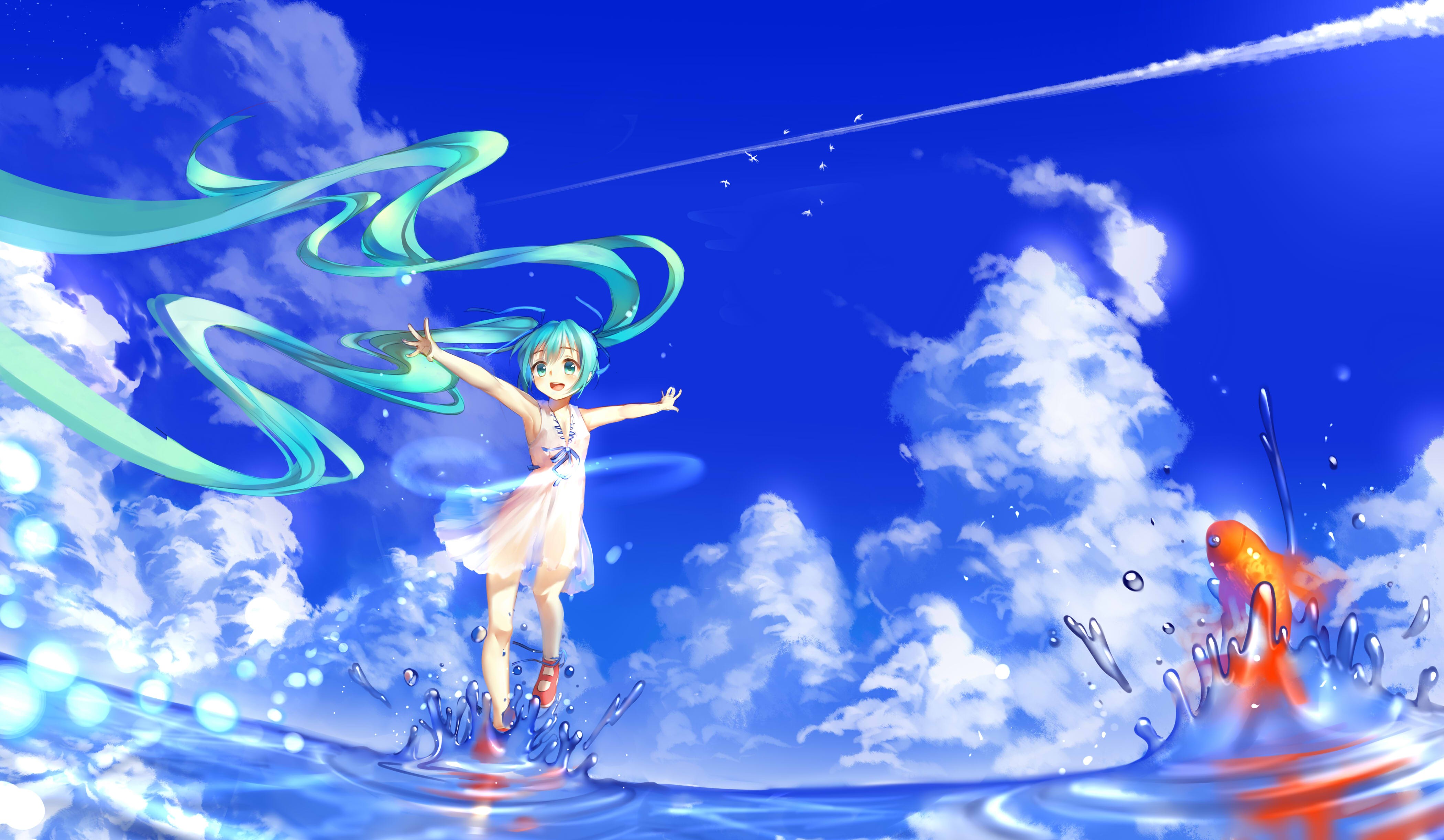 Hatsune Miku jumping in water with goldfish and clouds HD Wallpaper