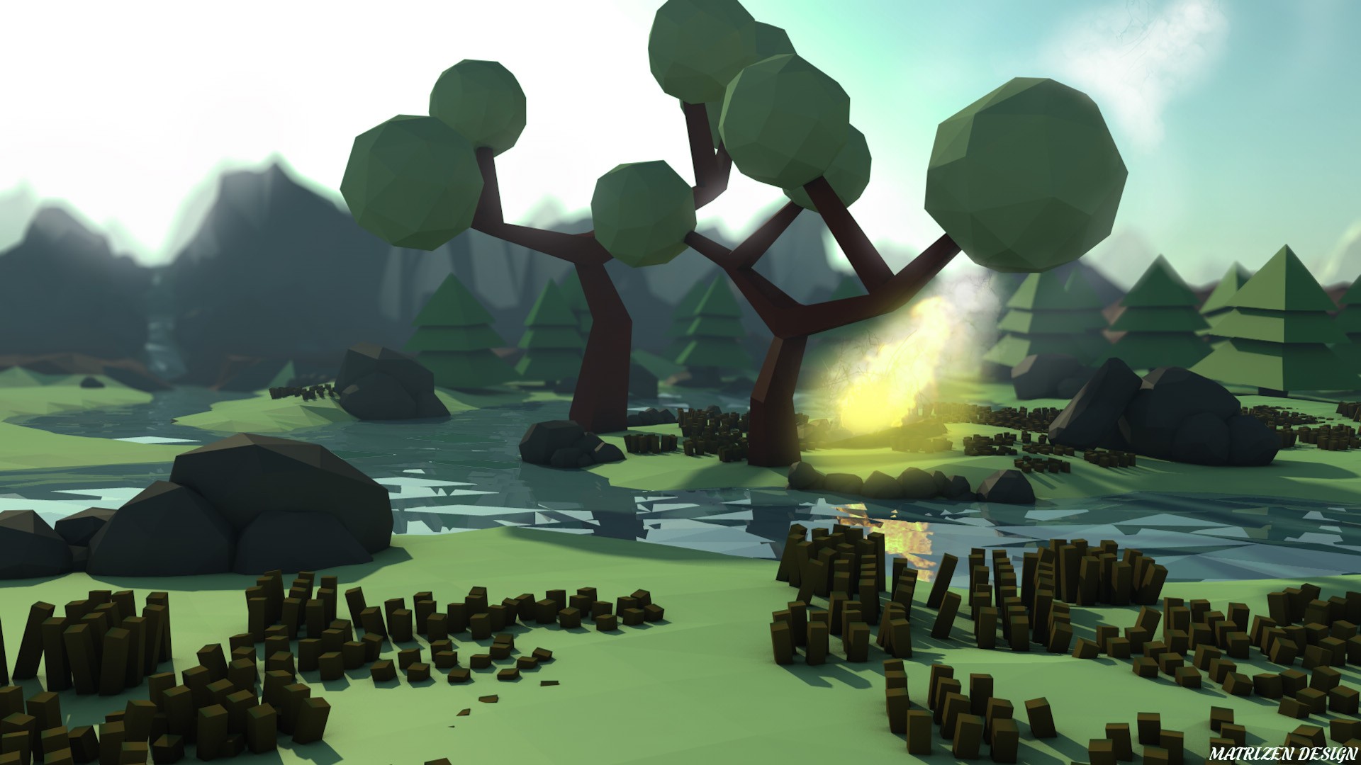 Low poly landscape with trees, mountains, and a river HD Wallpaper
