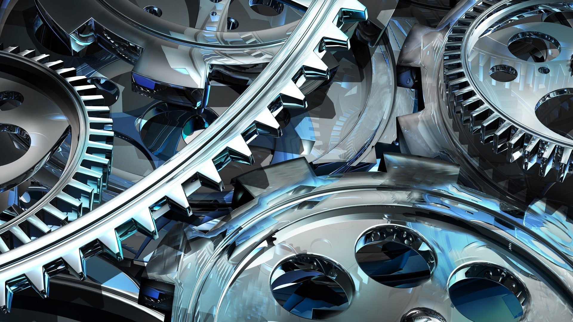 3D digital art of interlocking metallic gears HD Wallpaper