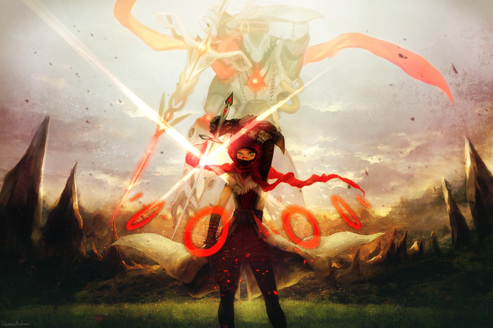 Girl with sword and giant robot in a field HD Wallpaper