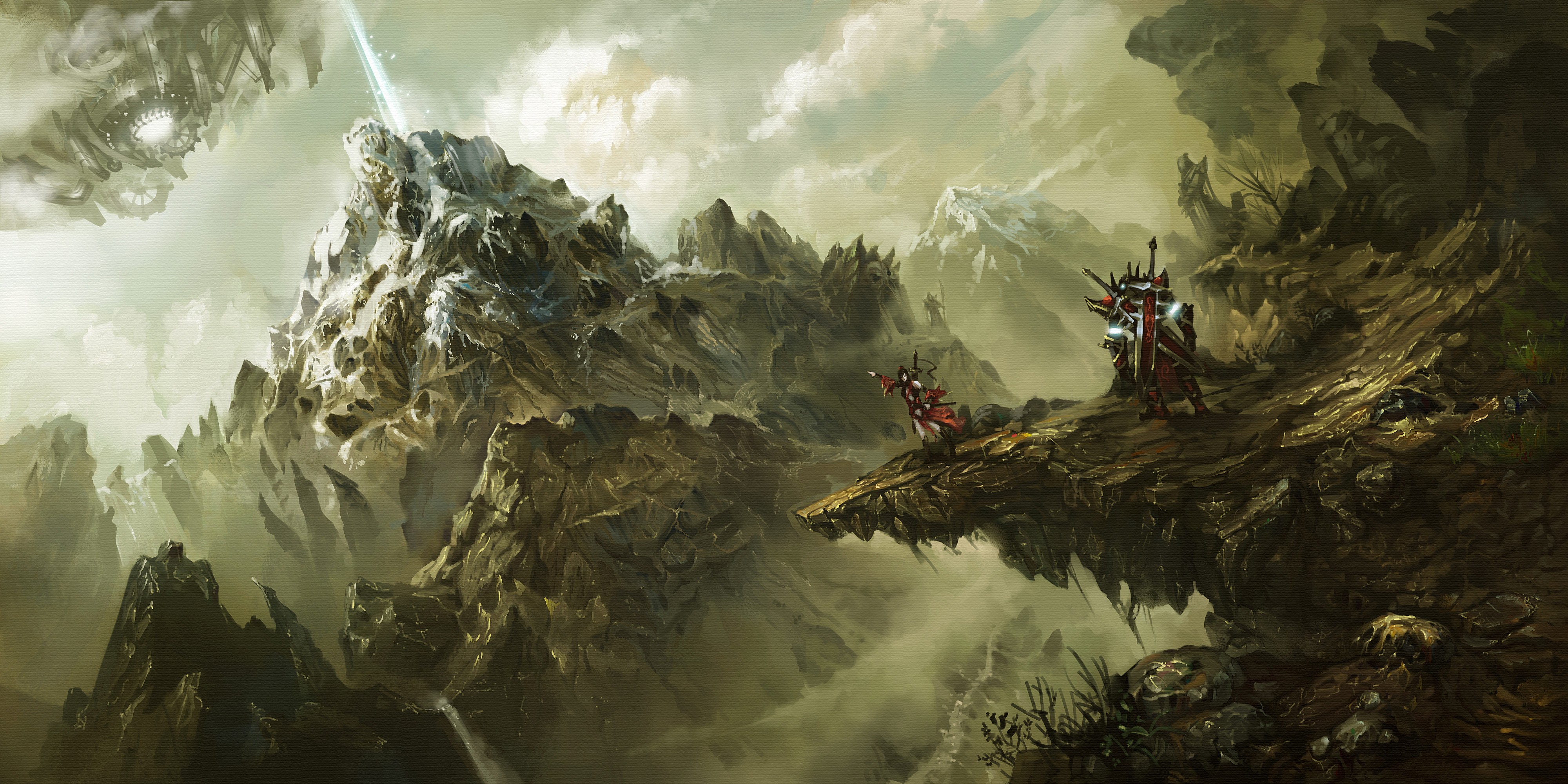 Fantasy art of warriors in a mountainous landscape HD Wallpaper