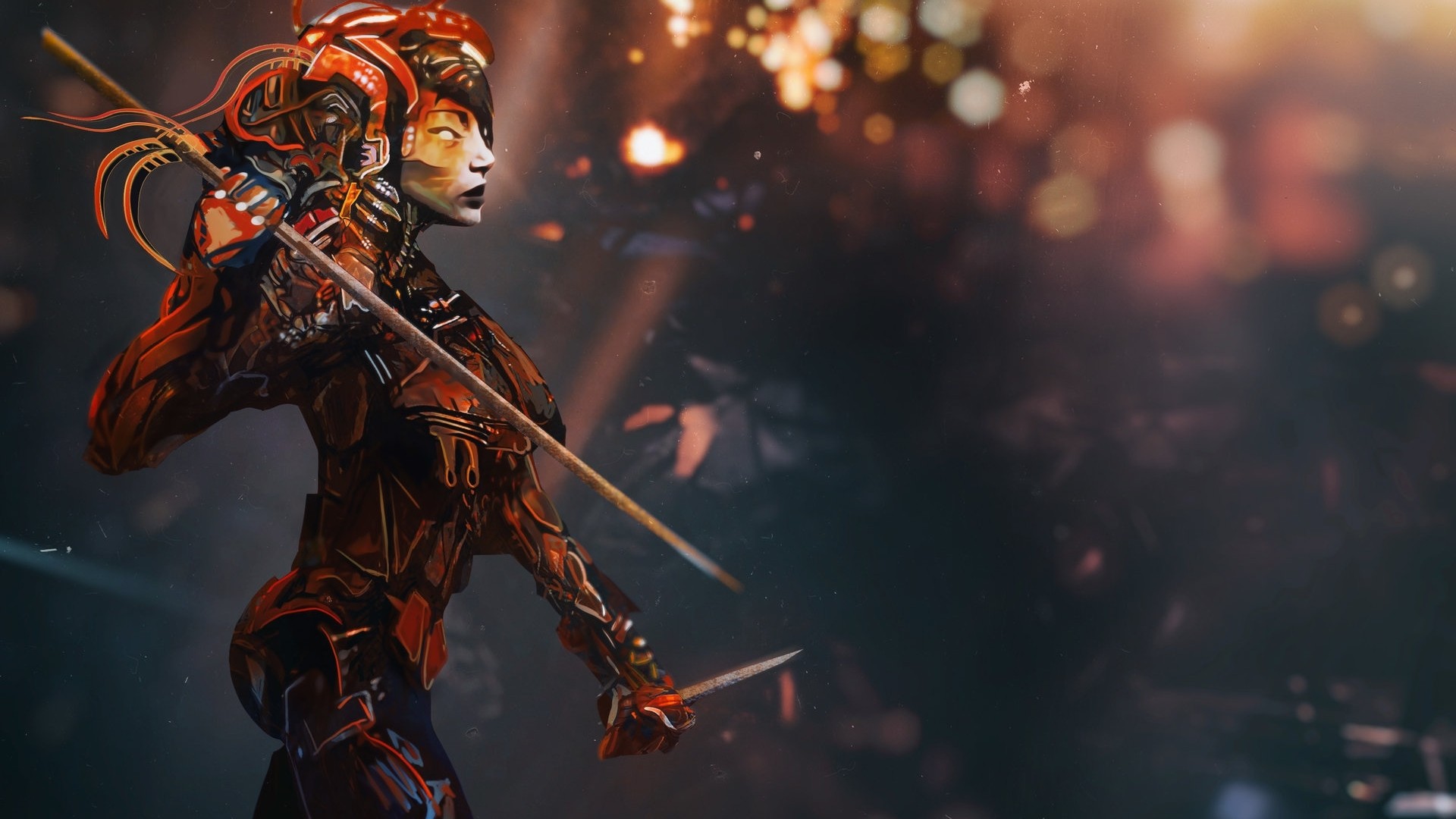 Digital art of a female warrior with a spear HD Wallpaper
