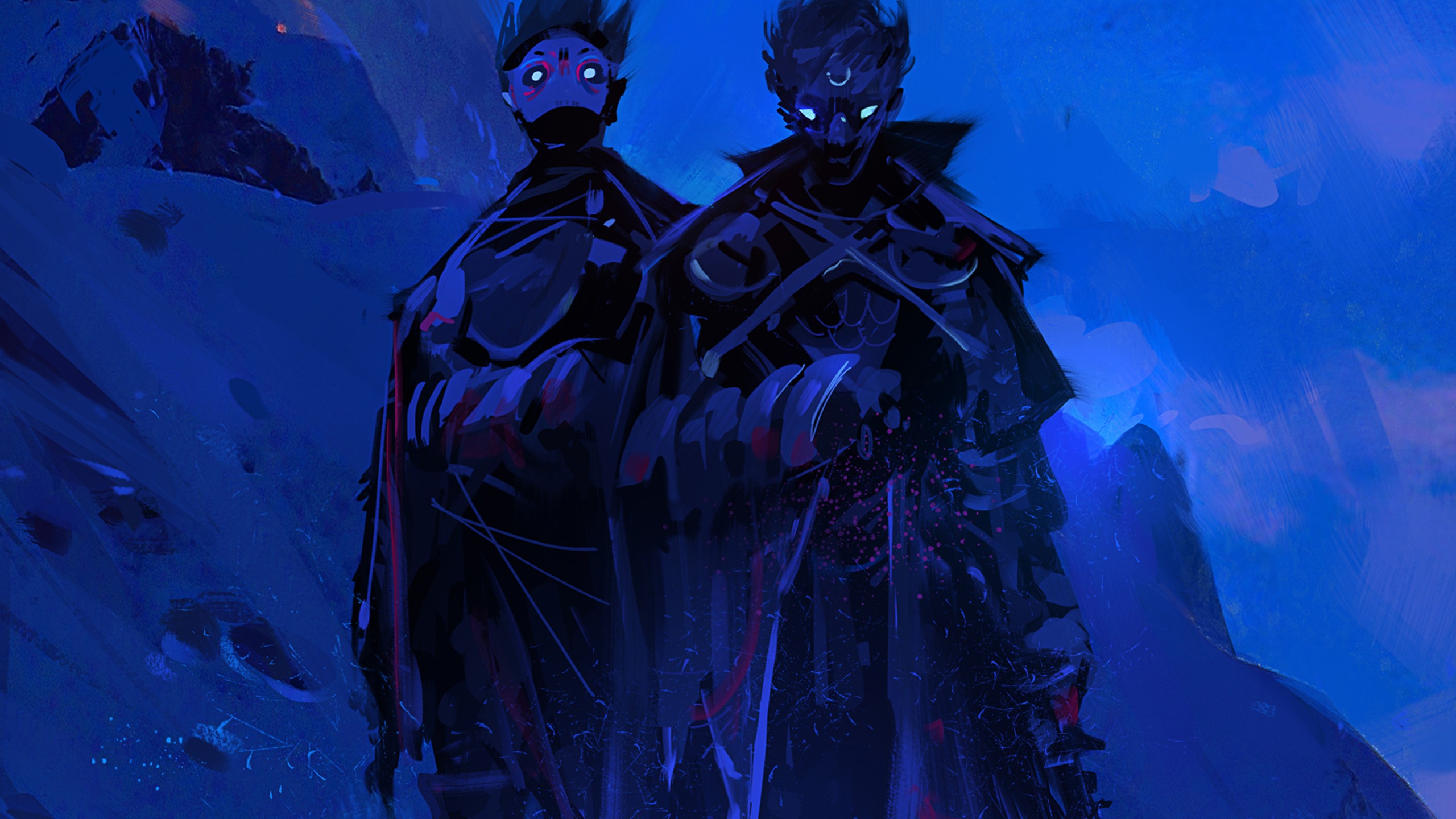 Two figures in dark cloaks with glowing eyes HD Wallpaper