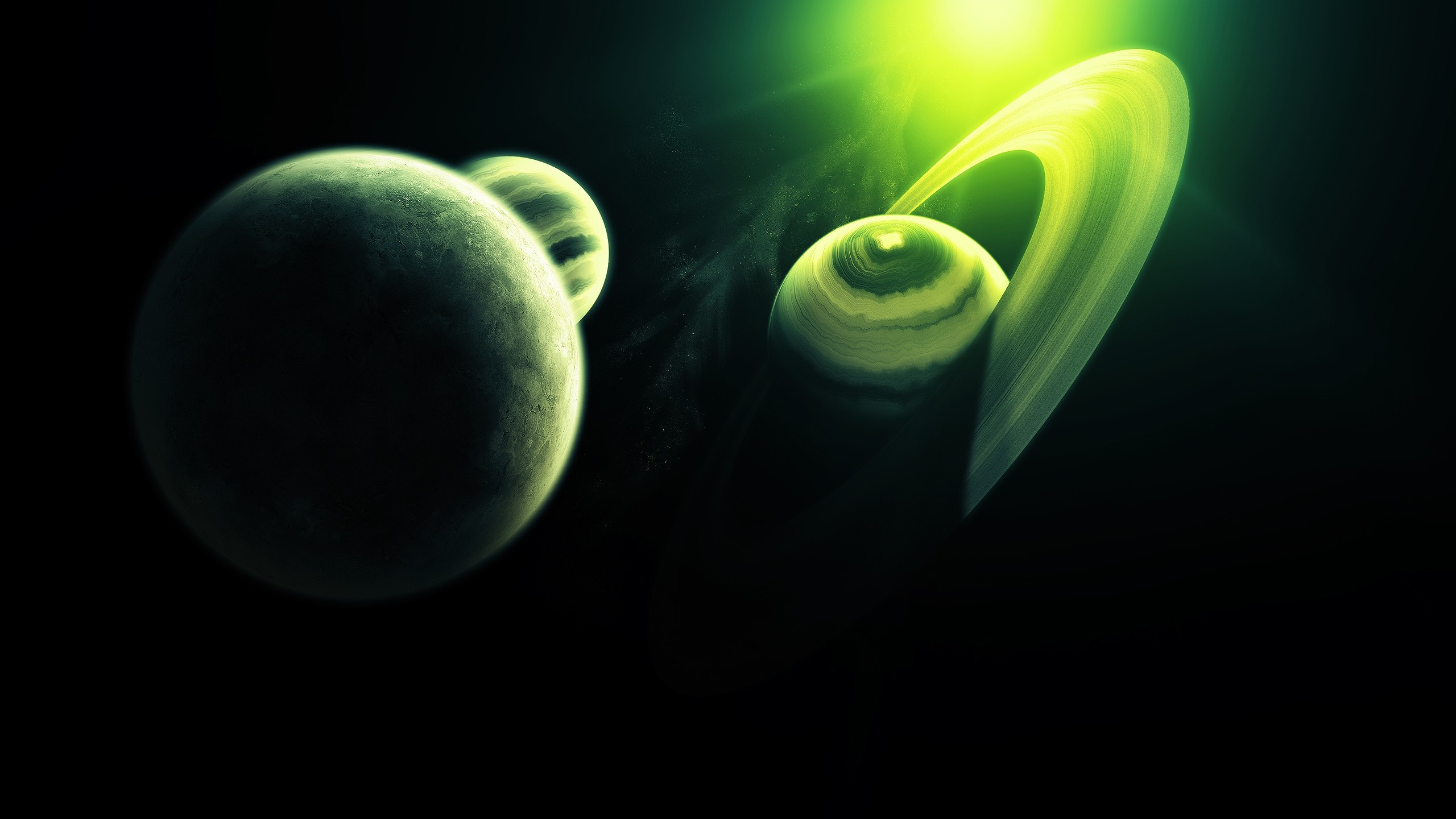 Planets with rings in a green nebula HD Wallpaper