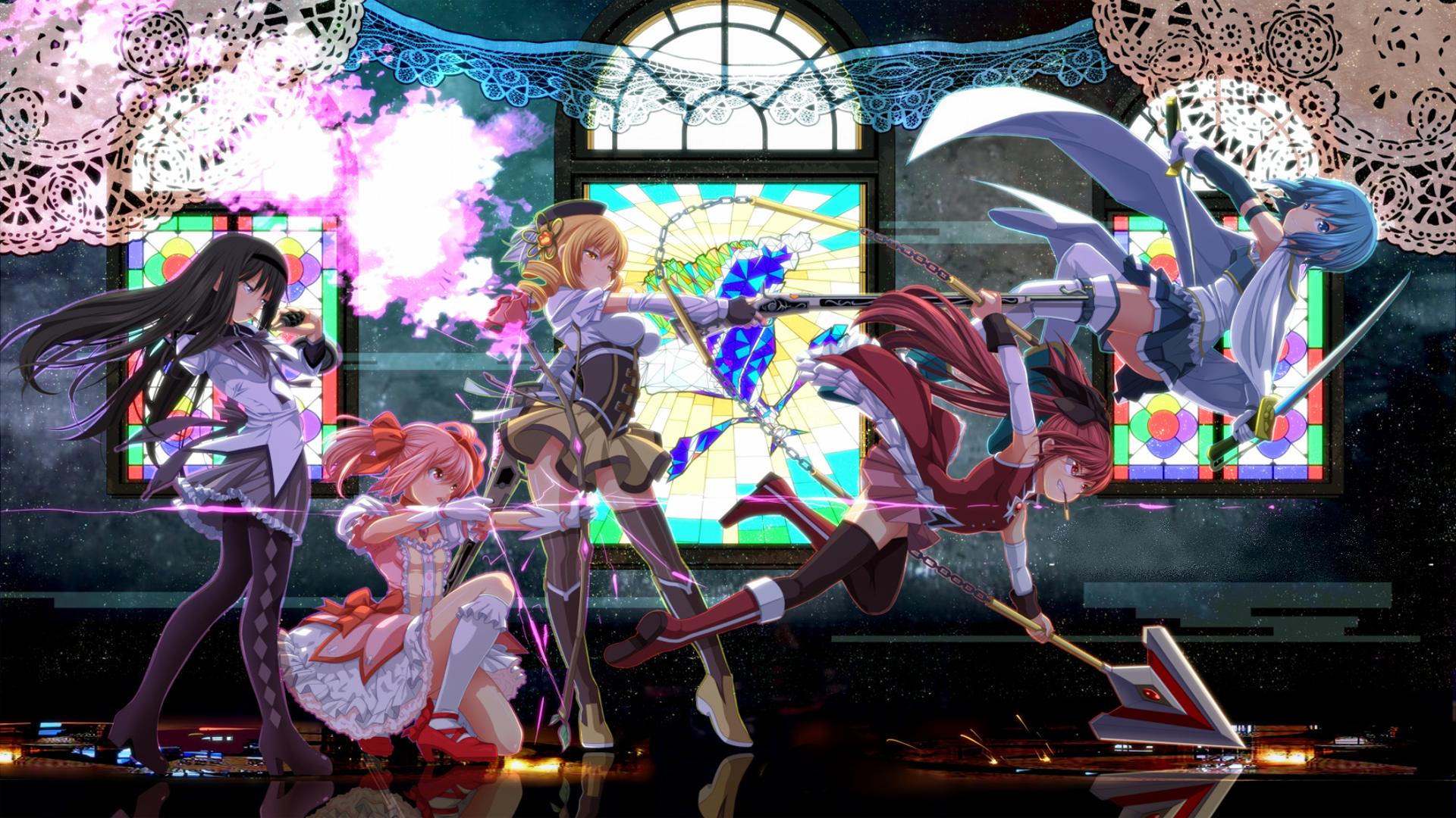 Mahou Shoujo Madoka Magica Characters in Action HD Wallpaper