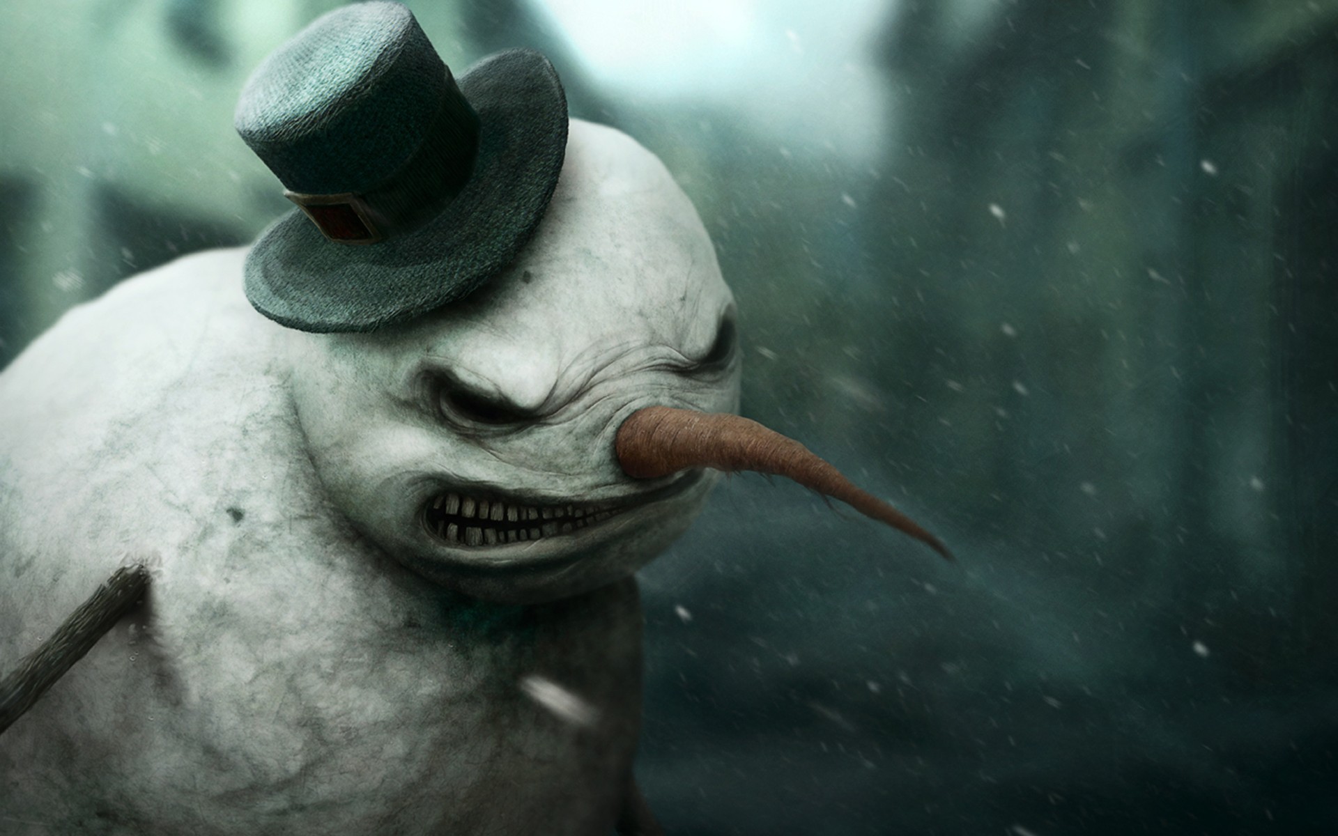 Creepy snowman with a top hat in the snow HD Wallpaper