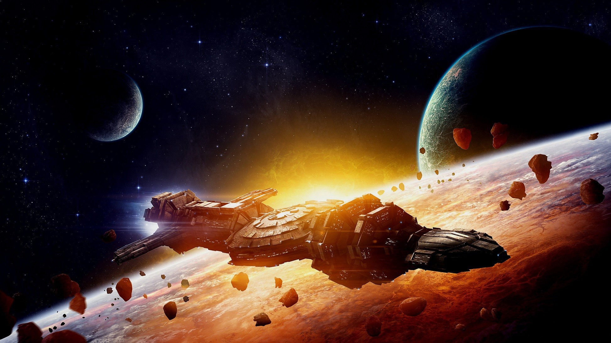 Spaceship in orbit around a planet with moons HD Wallpaper