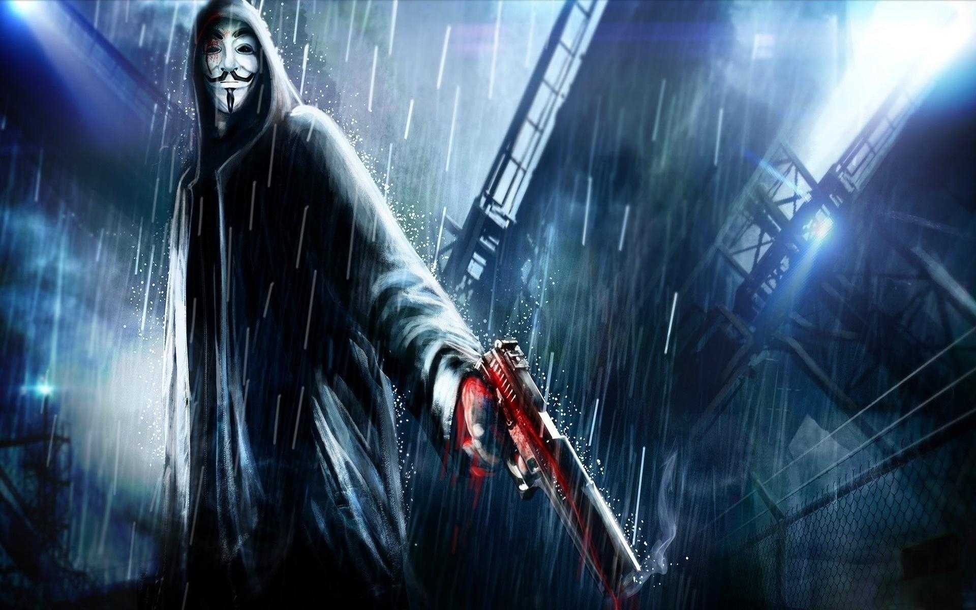 V from V for Vendetta holding a bloody gun in the rain HD Wallpaper