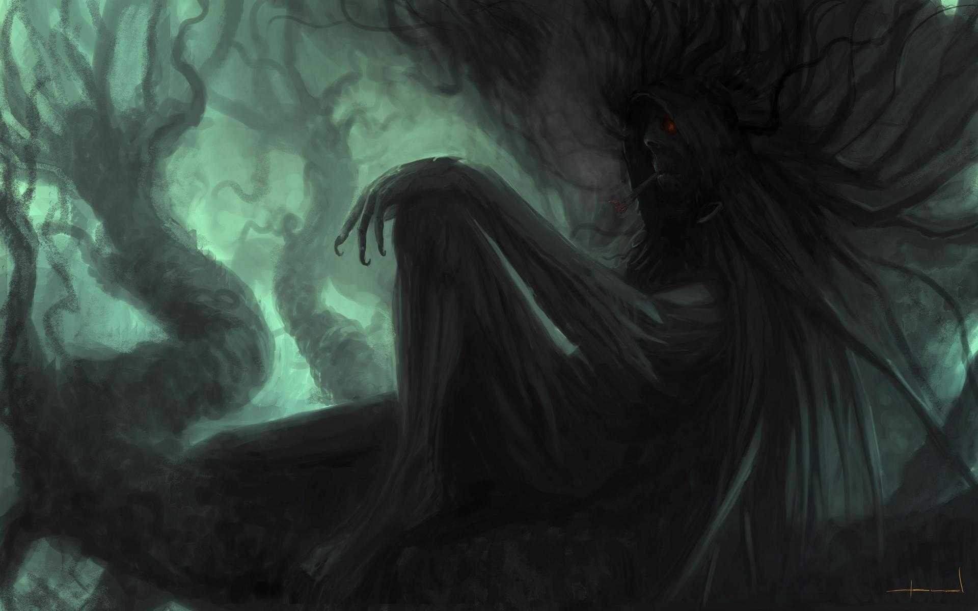 Dark fantasy creature with red eyes and tentacles HD Wallpaper