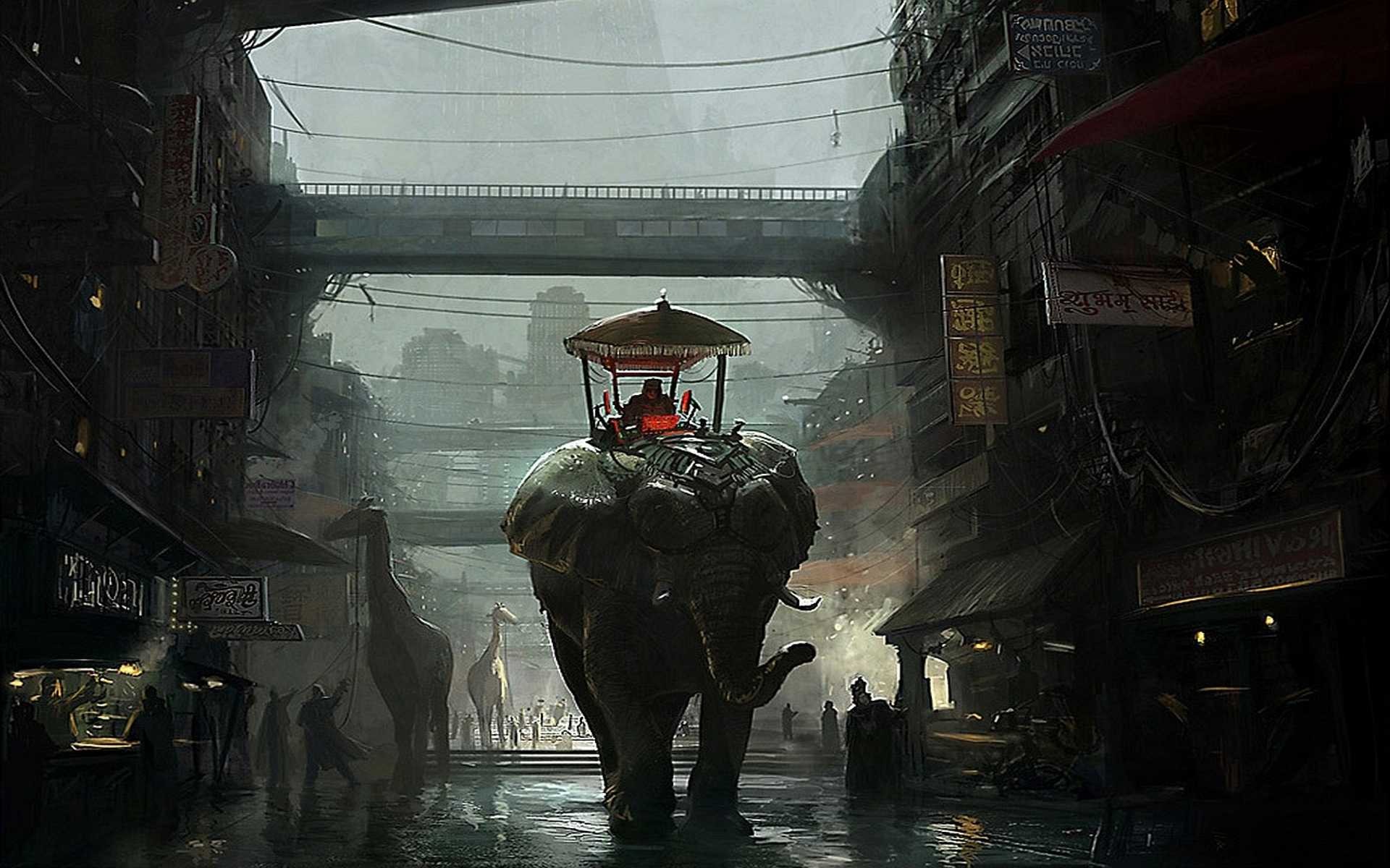 Fantasy art of an elephant procession in a city HD Wallpaper