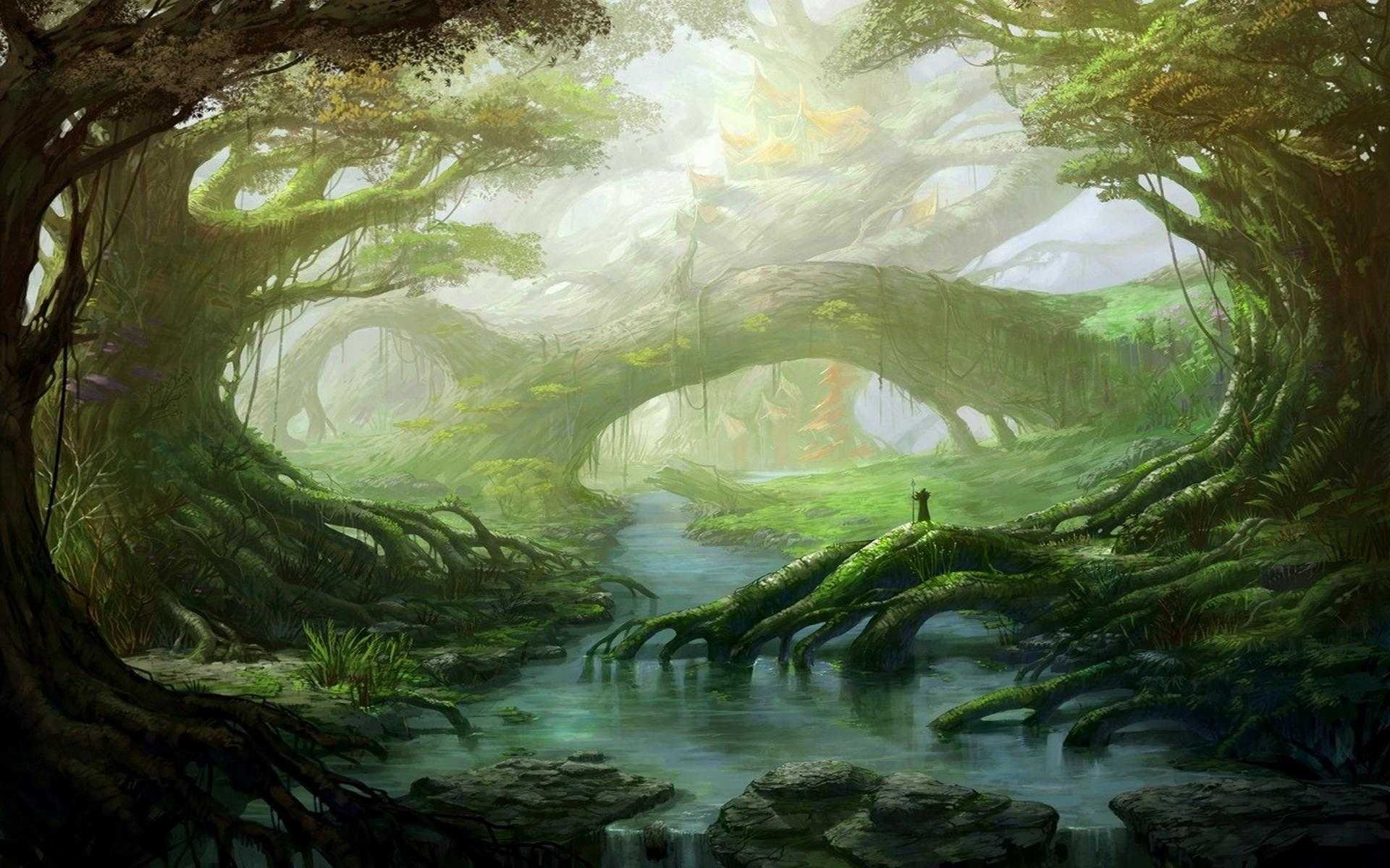 Fantasy art of a mystical forest with a river HD Wallpaper