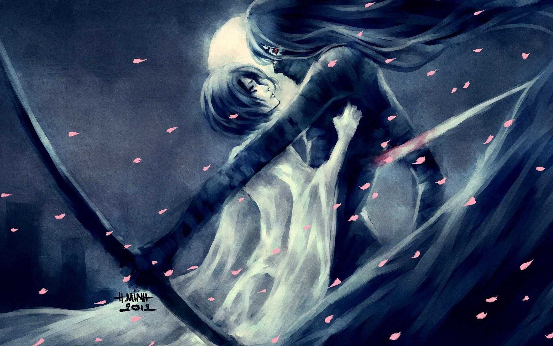 Bleach: Ichigo and Rukia embrace amidst falling petals HD Wallpaper