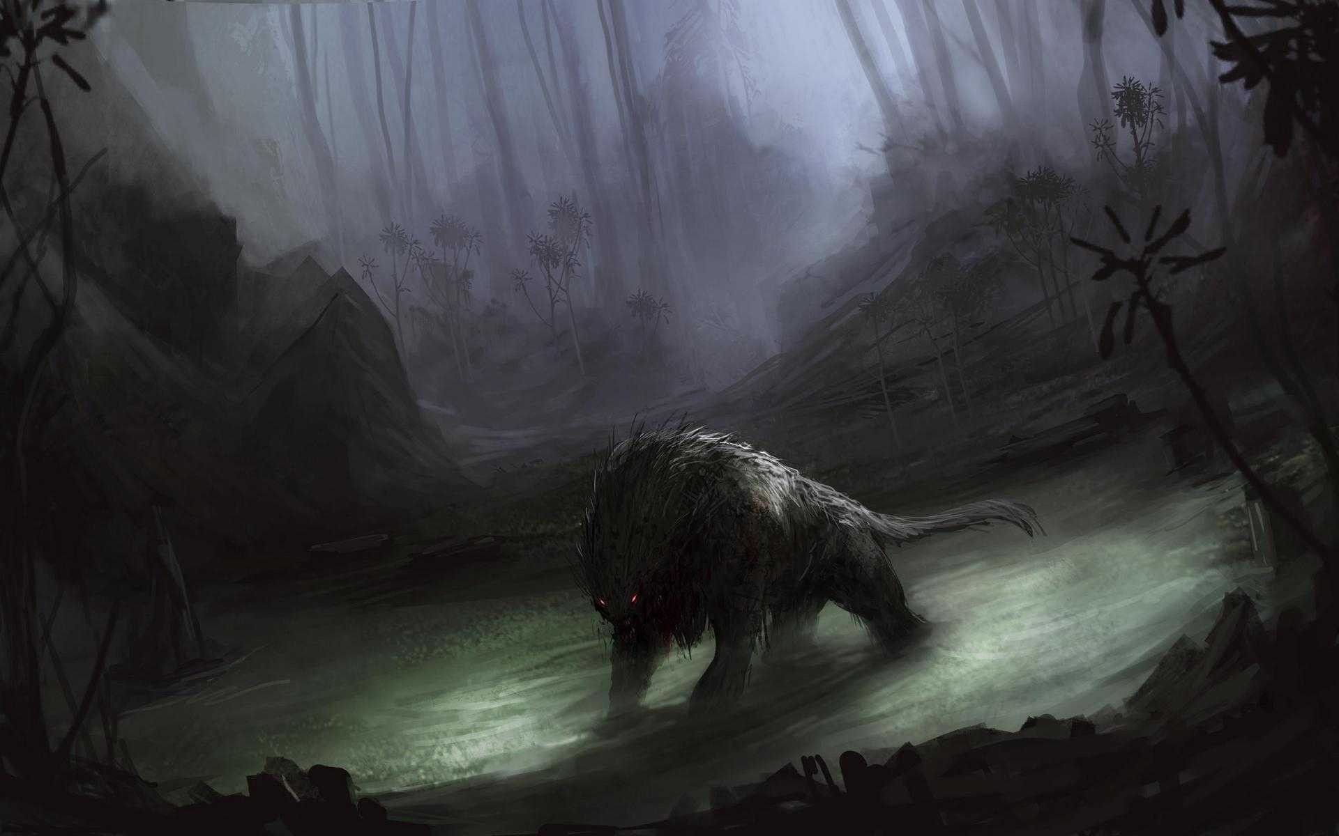 Creature in a dark, misty forest HD Wallpaper